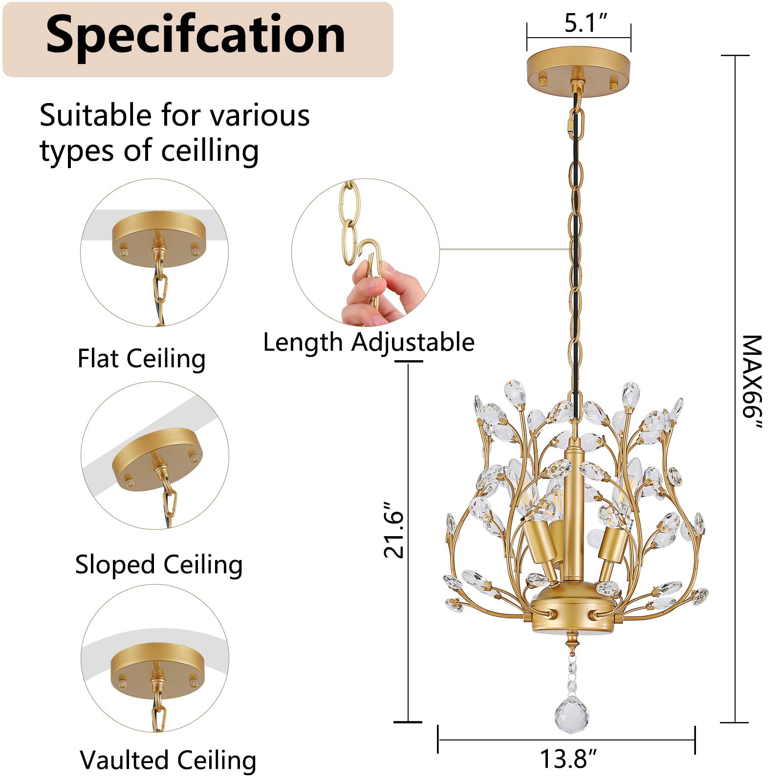 3Wwwuee Small Gold Crystal Chandelier, Farmhouse 3-Light Branch Crystal Pendant Light With 47.2'' Adjustable Chain, Vintage 13.8