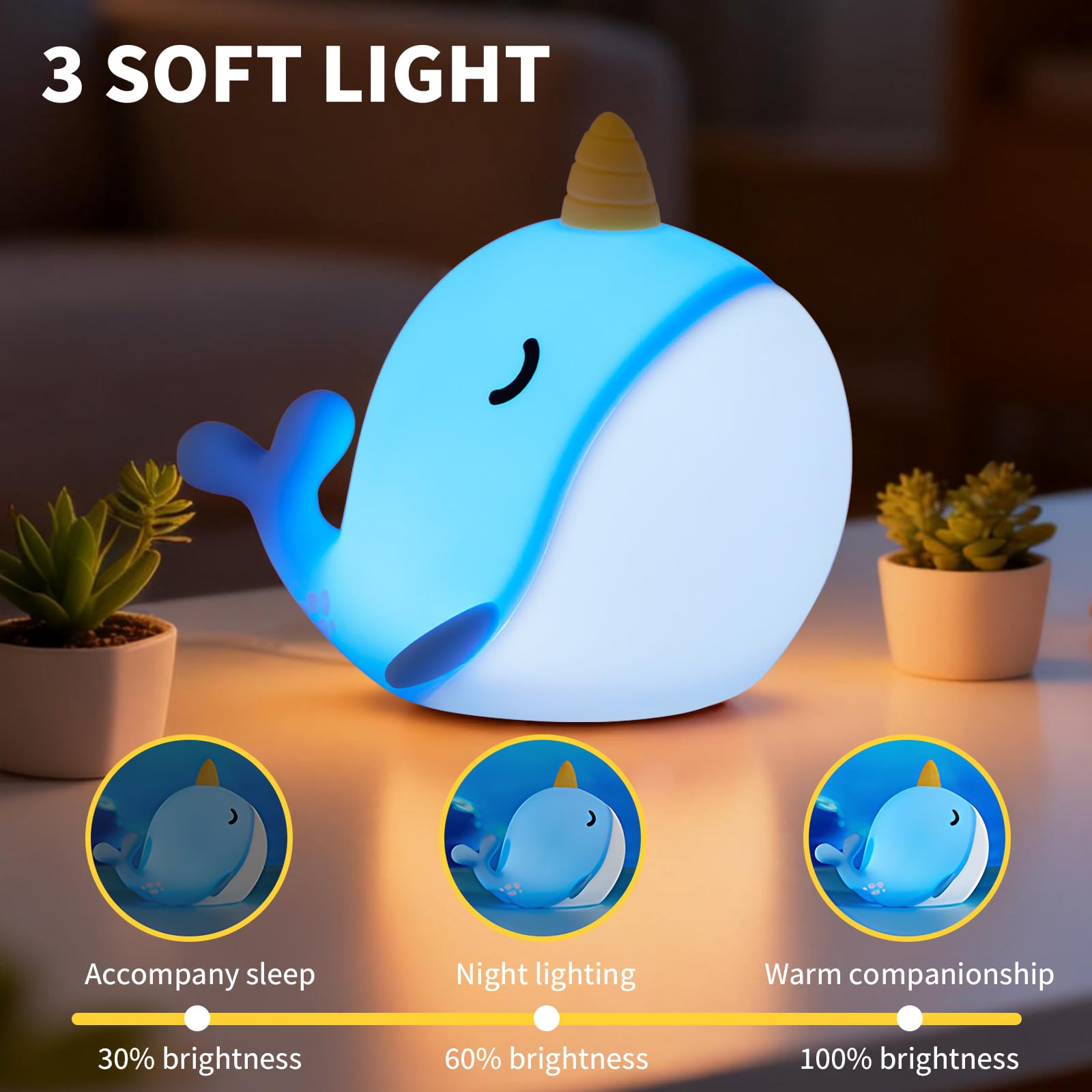 Hpydiy Cute Narwhal Night Light  Tap Control With 3 Warm White Brightness  Usb Kids Bed Lamp With 30-Minute Timer  Soft Silicone Glow For Nursery  Birthday Gift(Blue Narwhal)