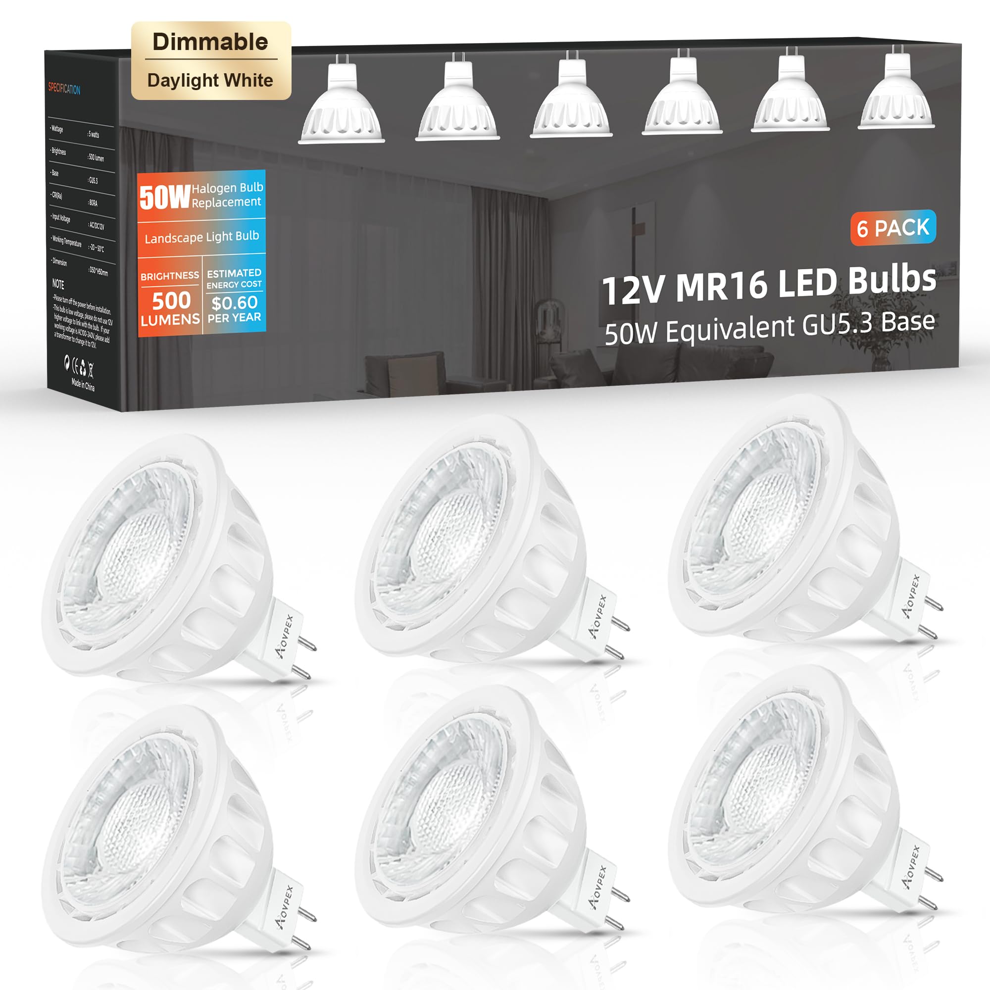 Aovpex Dimmable Mr16 Led Bulbs 50W Halogen Equivalent Landscape Light Bulbs, 5000K Daylight White 5W Gu5.3 Mr16 12V Spotlight Bu