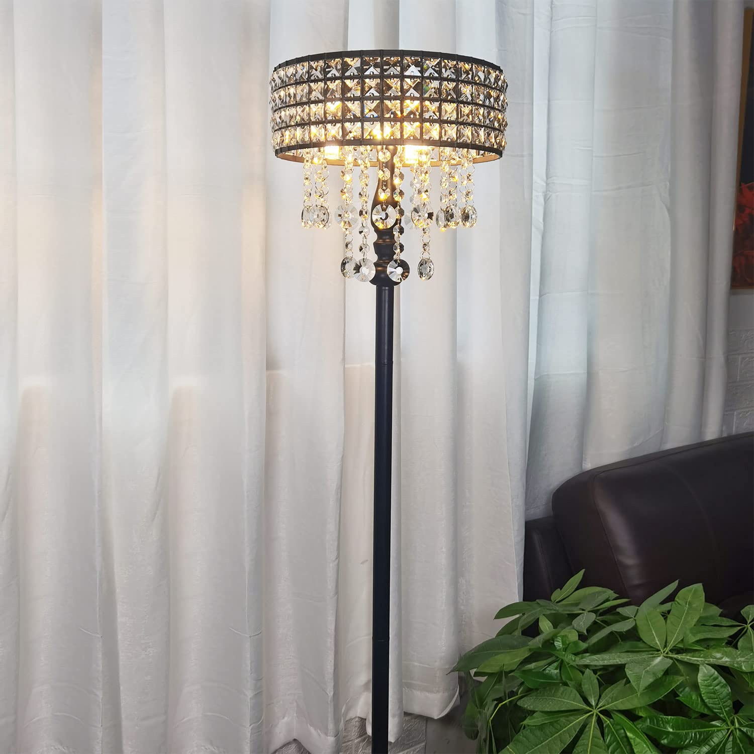 beaysyty Modern K9 Glass Crystals Floor Lamp, 3-Lights Black Reading Light for Living Room & Bedroom