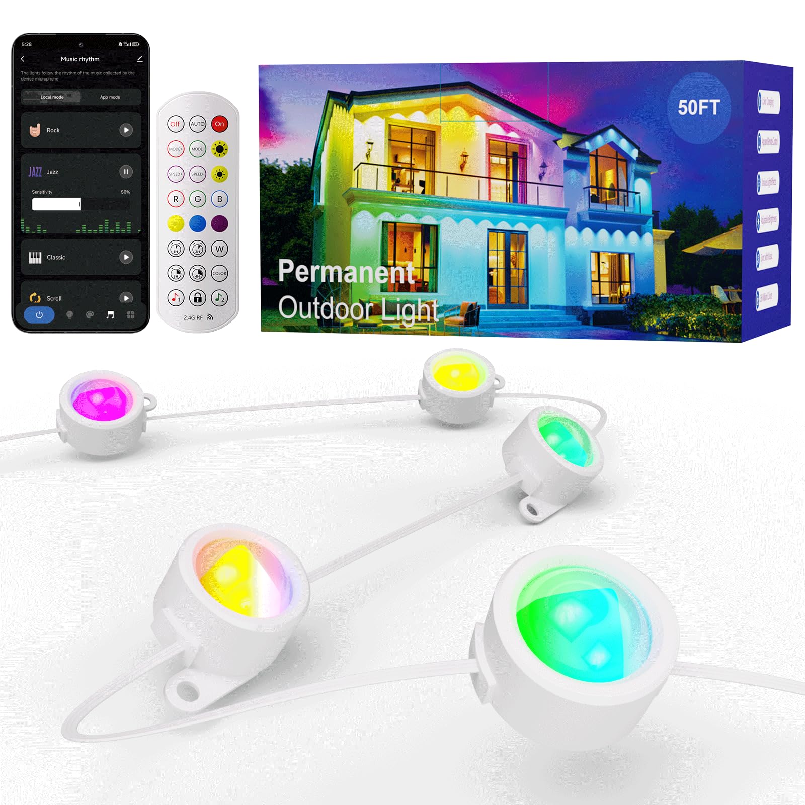 HUTAKUZE 50FT Permanent Outdoor Lights, 30 RGB LED, IP67 Waterproof, APP/Remote Control, Music Sync, Multicolor, Model C5109