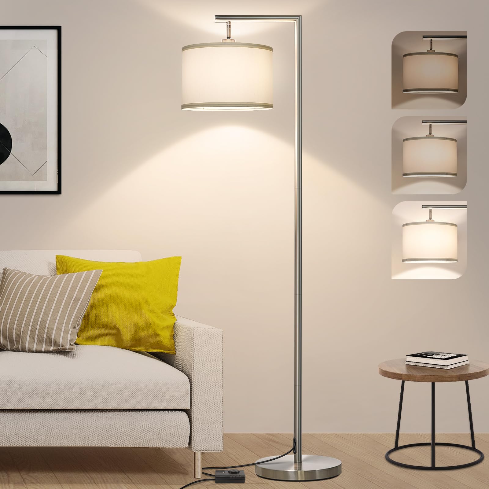 Boncoo Modern Floor Lamp For Bedroom, Dimmable Silver Floor Lamps For Living Room With Adjustable Shade, Tall Standing Lamp Nick