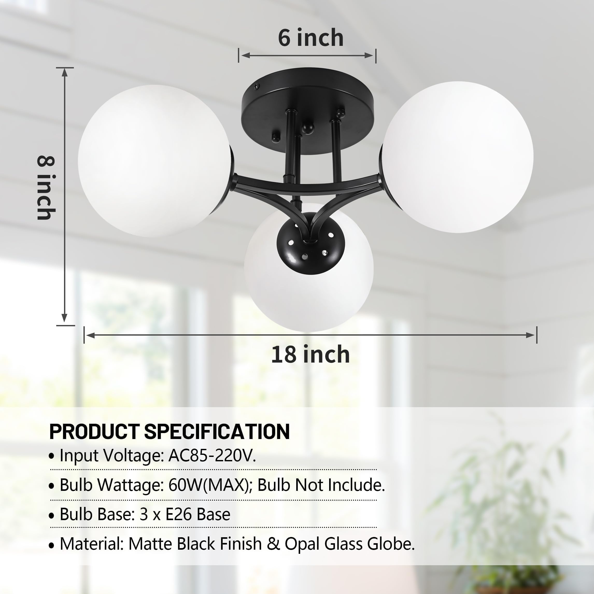 Bagood 3 Lights Modern Globe Ceiling Light Semi Flush Mount Ceiling Light Mid Century Ceiling Light Sputnik Light Fixture Chandeliers Frosted Glass Matte Black Chandeliers For Hallway Laundry Bedroom