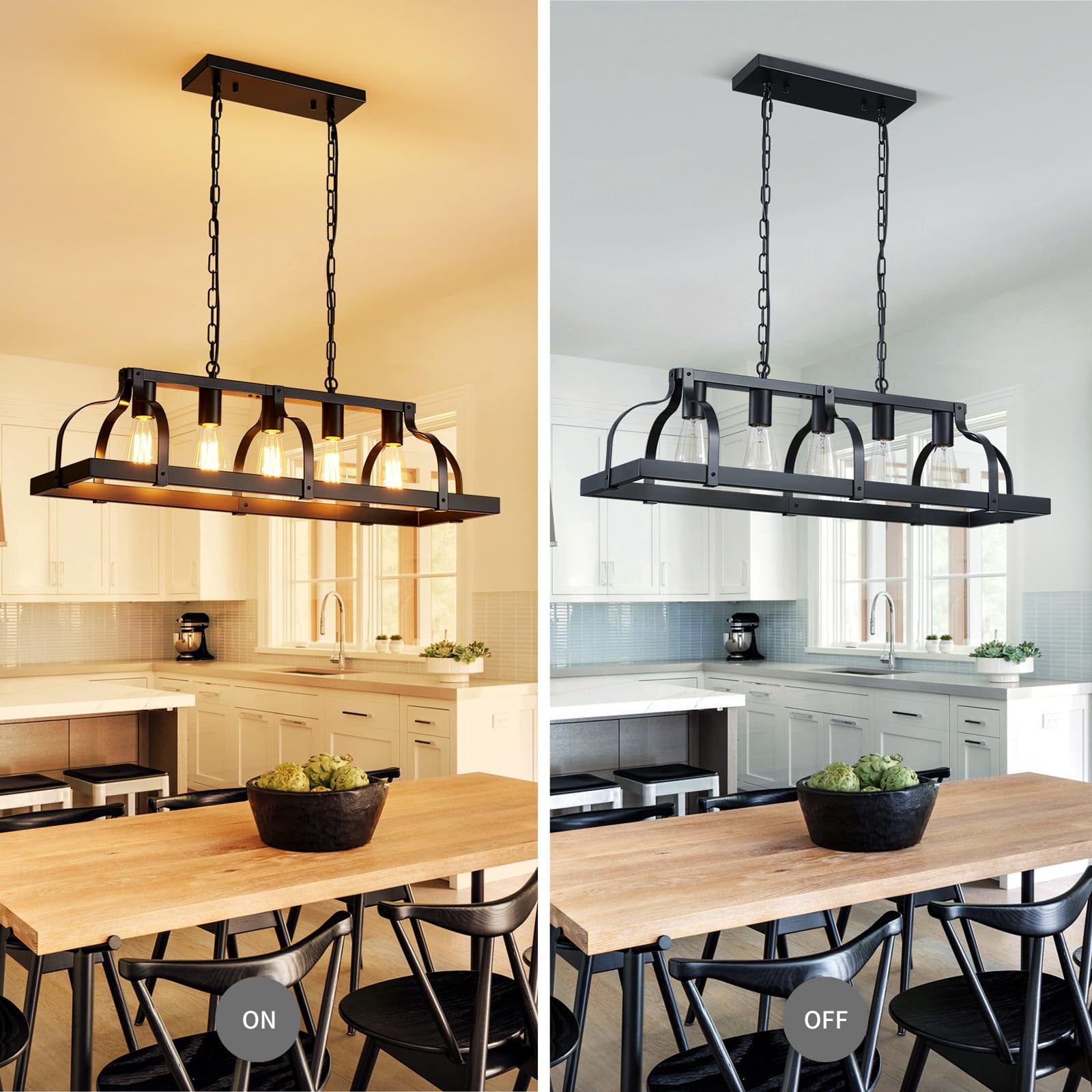 WUZUPS 5-Light Metal Chandelier Linear Pendant Ceiling Lighting Rustic Farmhouse Fixture Kitchen Island Dining Room, H 8.5 L 31.