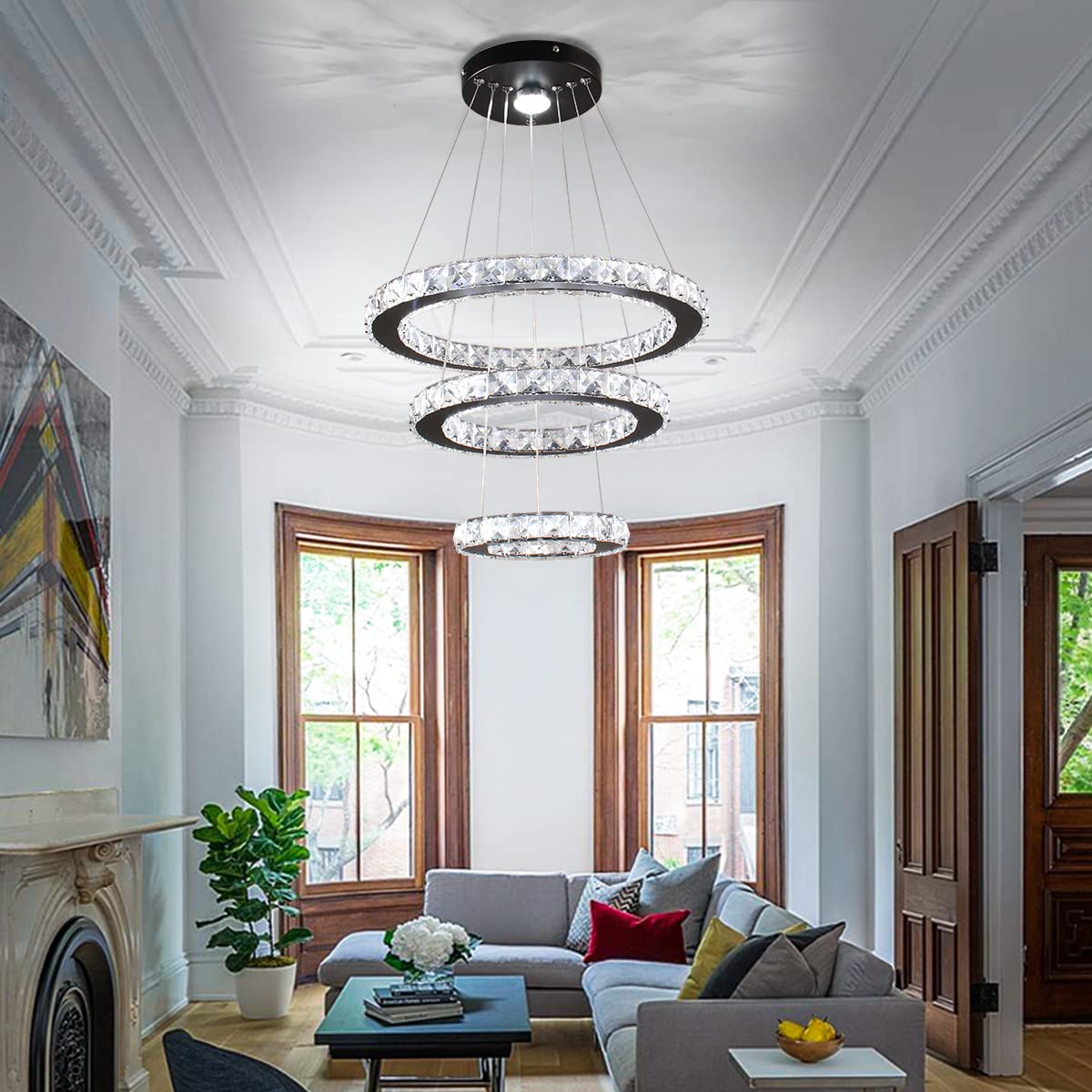 diisunbihuo Modern LED Crystal Pendant Light, 3 Rings, Adjustable Height, Black, Cool White, Model MP004-BK-CW for Dining/Bedroom/Living Room
