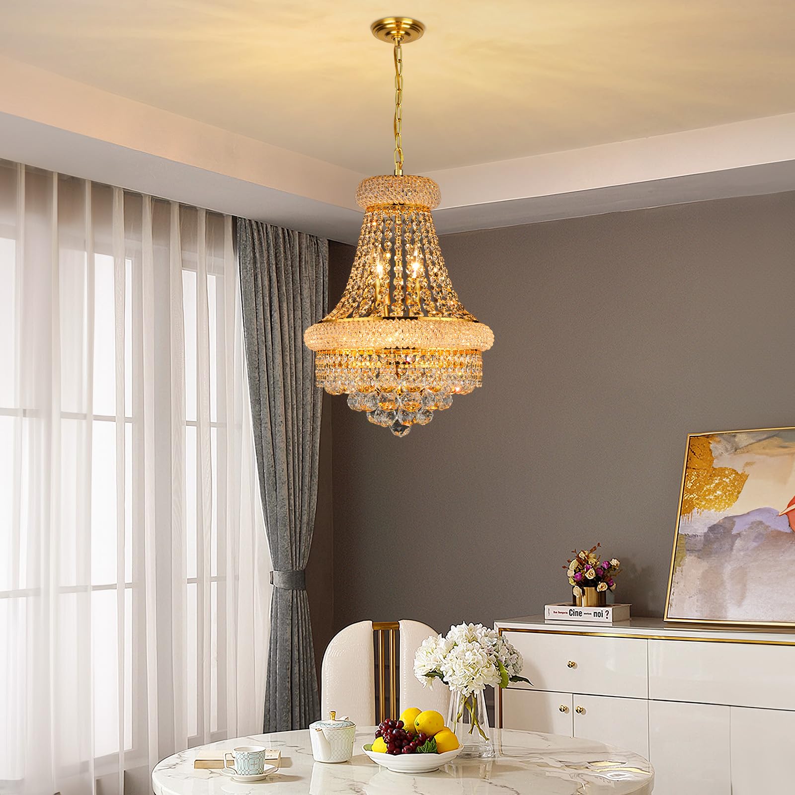Gifarich Crystal Chandelier, 6 Lights, Gold Empire Style, D15'' - Perfect for Dining Room, Living Room, Kitchen, Entryway