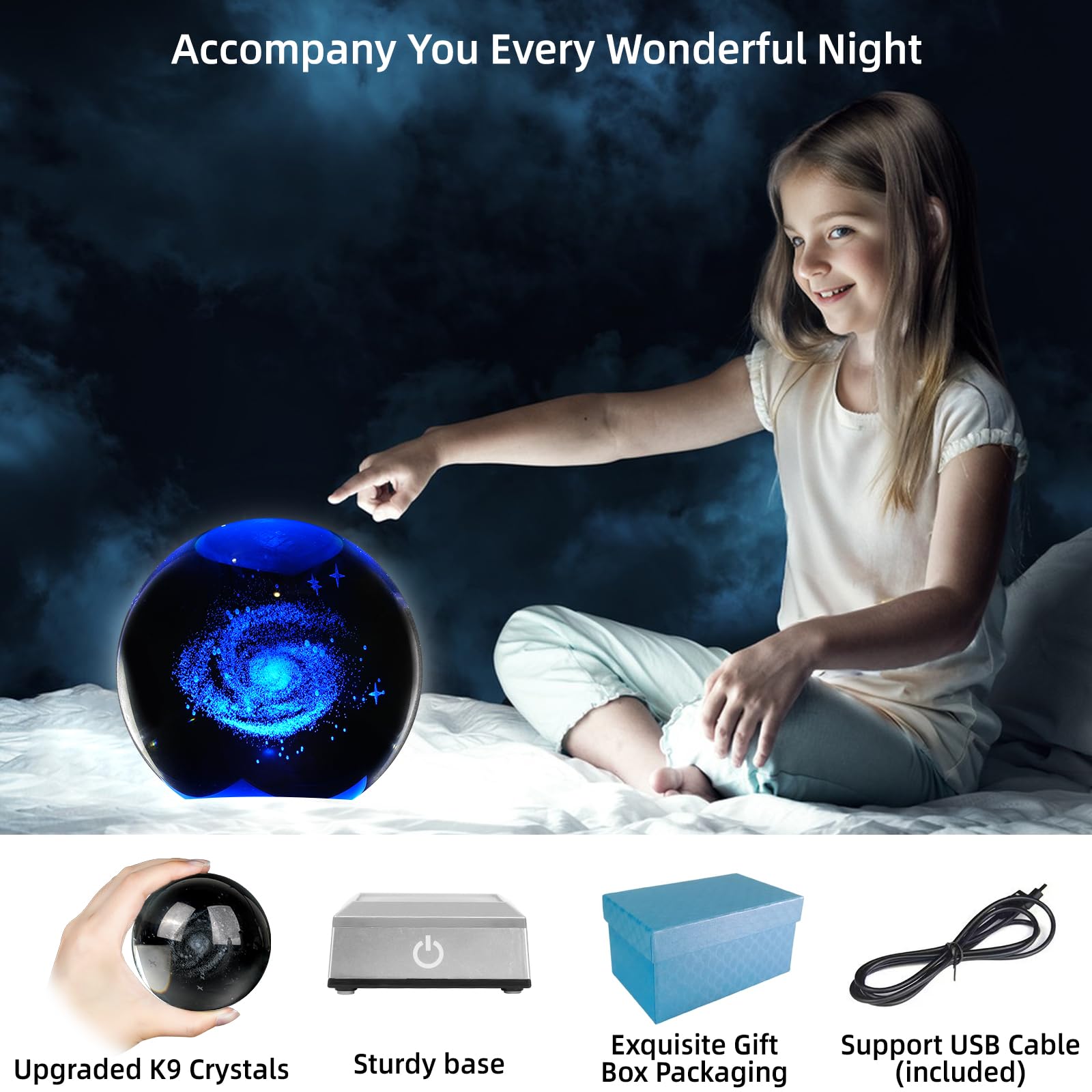 3D Galaxy Crystal Ball Night Light 3.15 Inch Glass Ball Table Lamp With Color Changing Touch Base Decor Ideal Galaxy Model Gifts