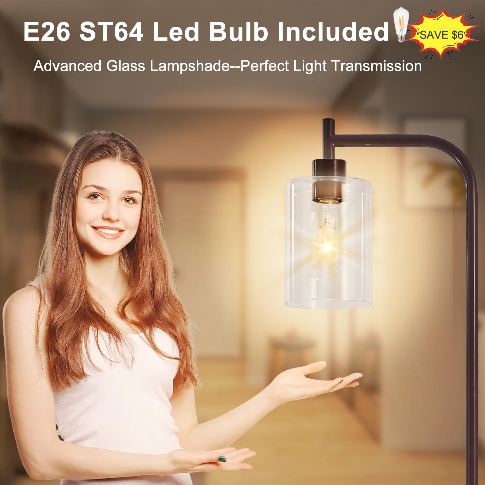DINGLILIGHTING Floor Lamp - Modern Brown Metal Standing Lamp with Clear Glass Shade - Model WSFLL005-BR