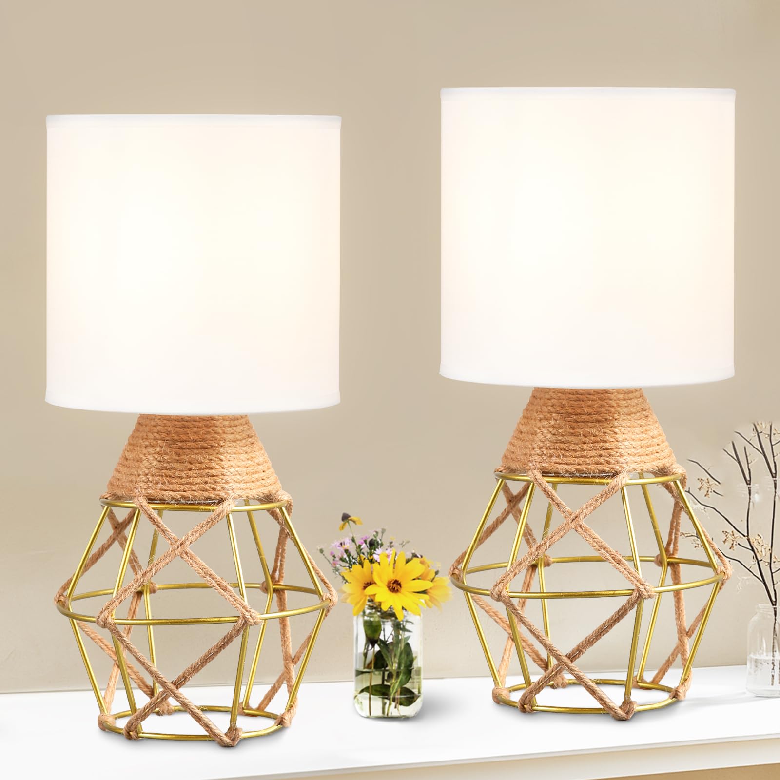 Hamilyeah Gold Table Lamps Set of 2, Boho Bedside Lamps with Fabric Shade, Farmhouse Woven Lamps for Nightstand with On/Off Swit
