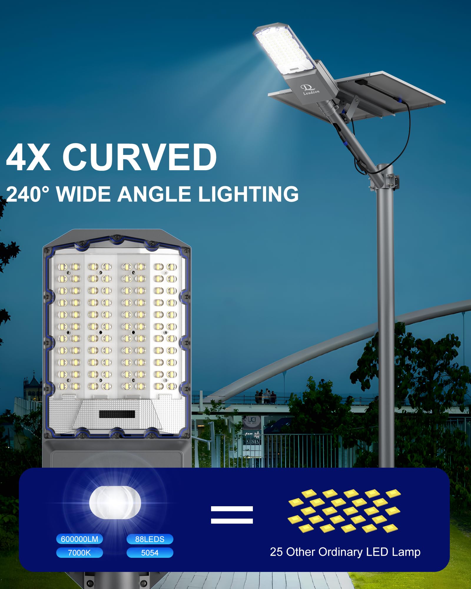 Leadzon Solar Street Lights - 650000LM LED Flood Lights, Waterproof, Remote Control, Gray, LDZ-TYN-LDDH, Ideal for Outdoor Use
