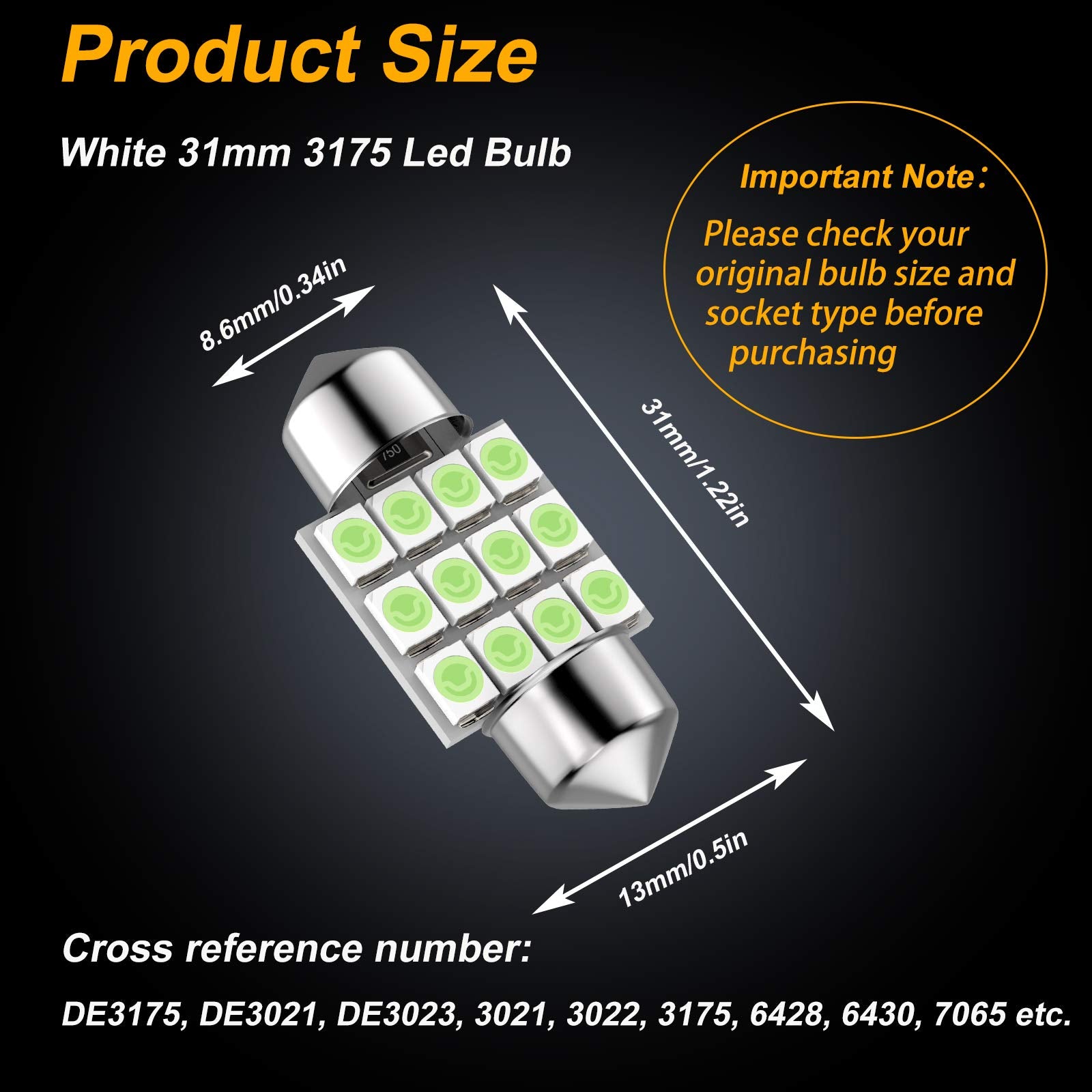 Giveubed De3175 Led Bulb, 31Mm 1.22In 3175 Festoon Led Bulb, Super Bright De3021 De3022 Led Bulb Fit For Interior Map Door Dome