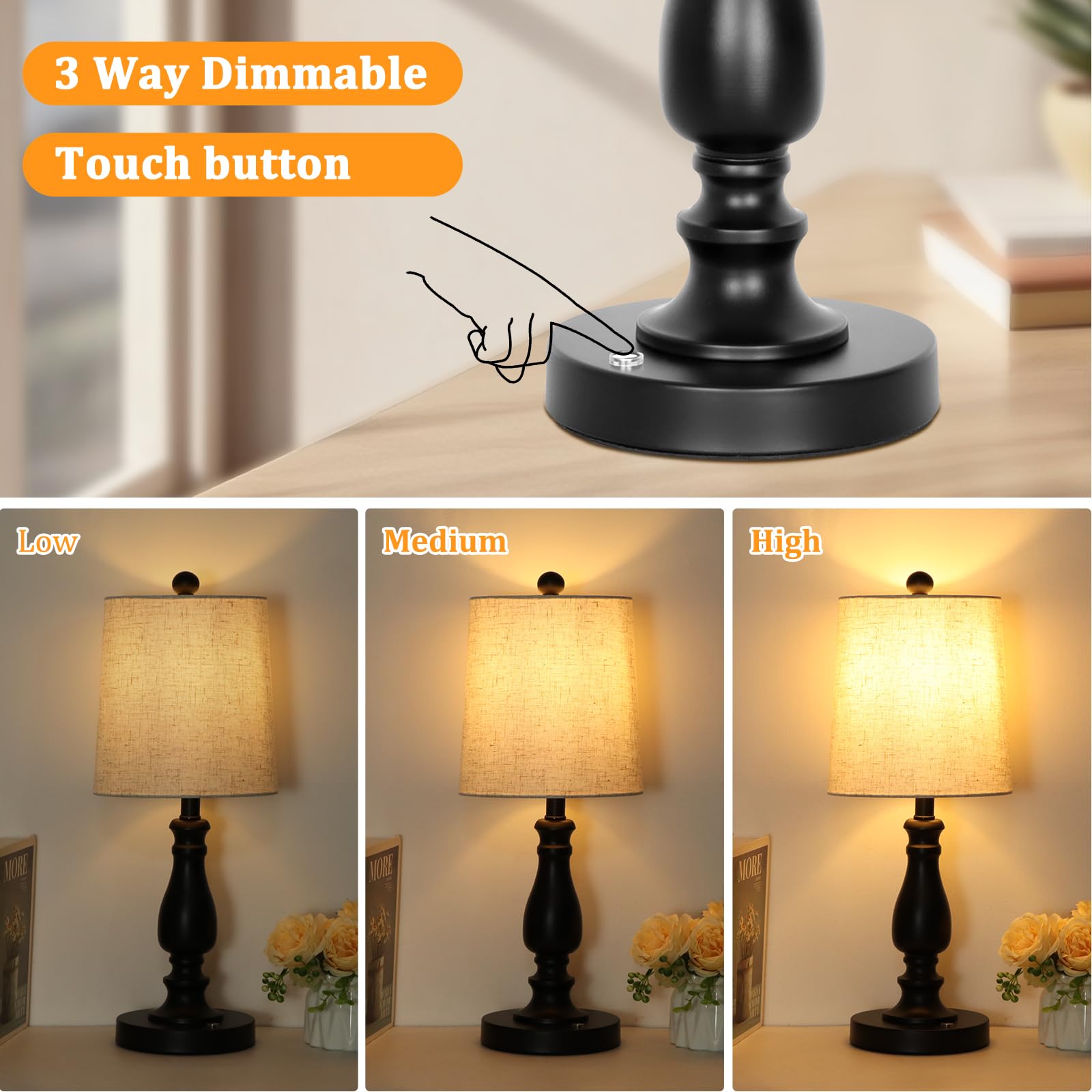 Dott Arts Cordless Table Lamps Set of 2, 3-Way Dimmable, Battery Powered, Metal, Black, Model BTL4W-017