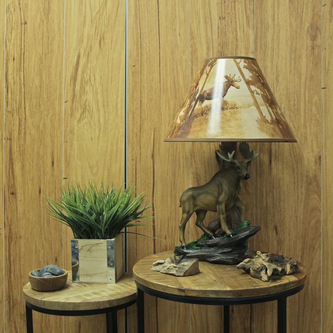 Zeckos Bull Moose Table Lamp - 20 Inch Tall, Brown, Resin, 12 Inch Diameter Forest Print Shade, Model HD30105, Wildlife Decor