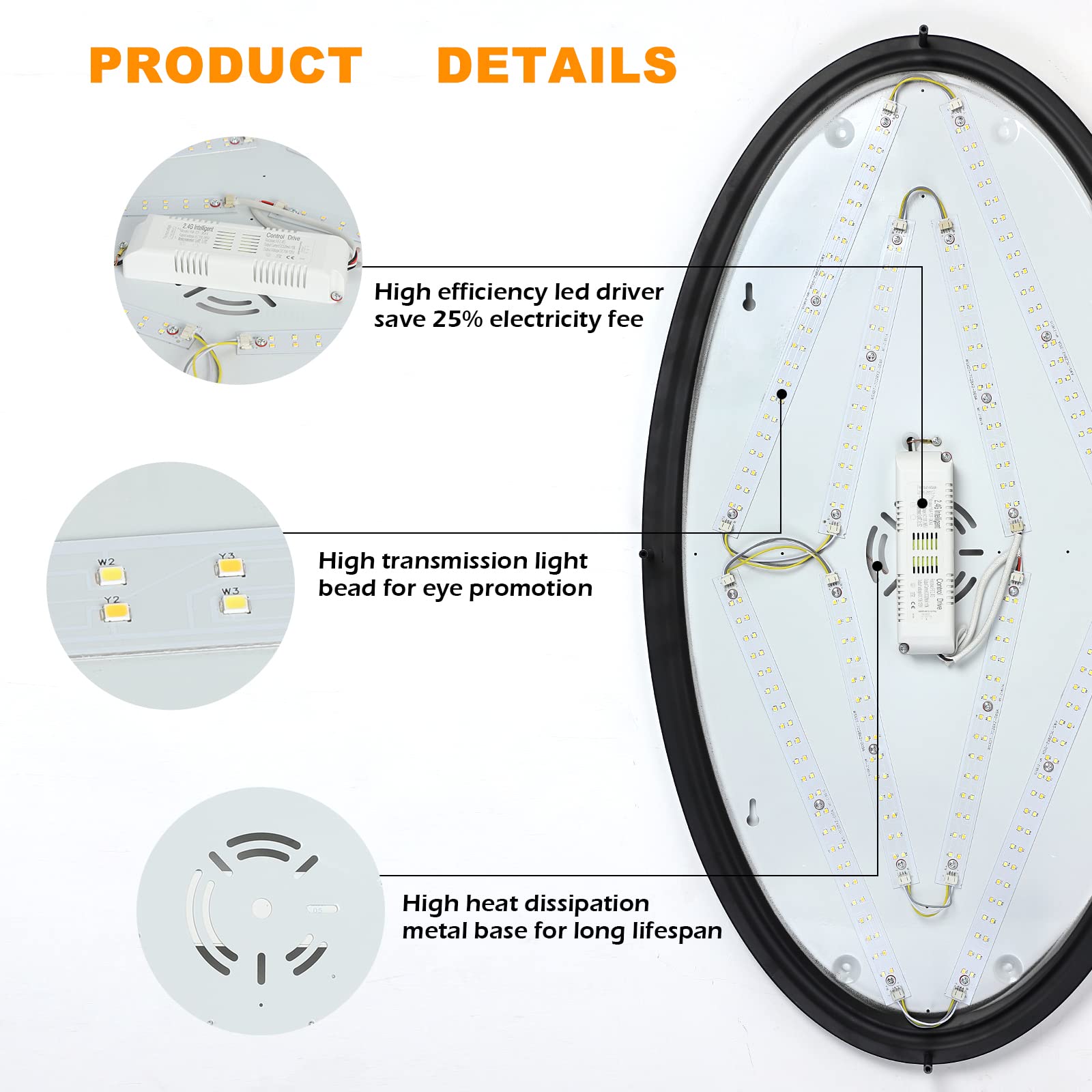 DINGLILIGHTING 65W Dimmable LED Flush Mount Ceiling Light, 32in Oval, Acrylic, Black, Model WS-FPC39-65C-B