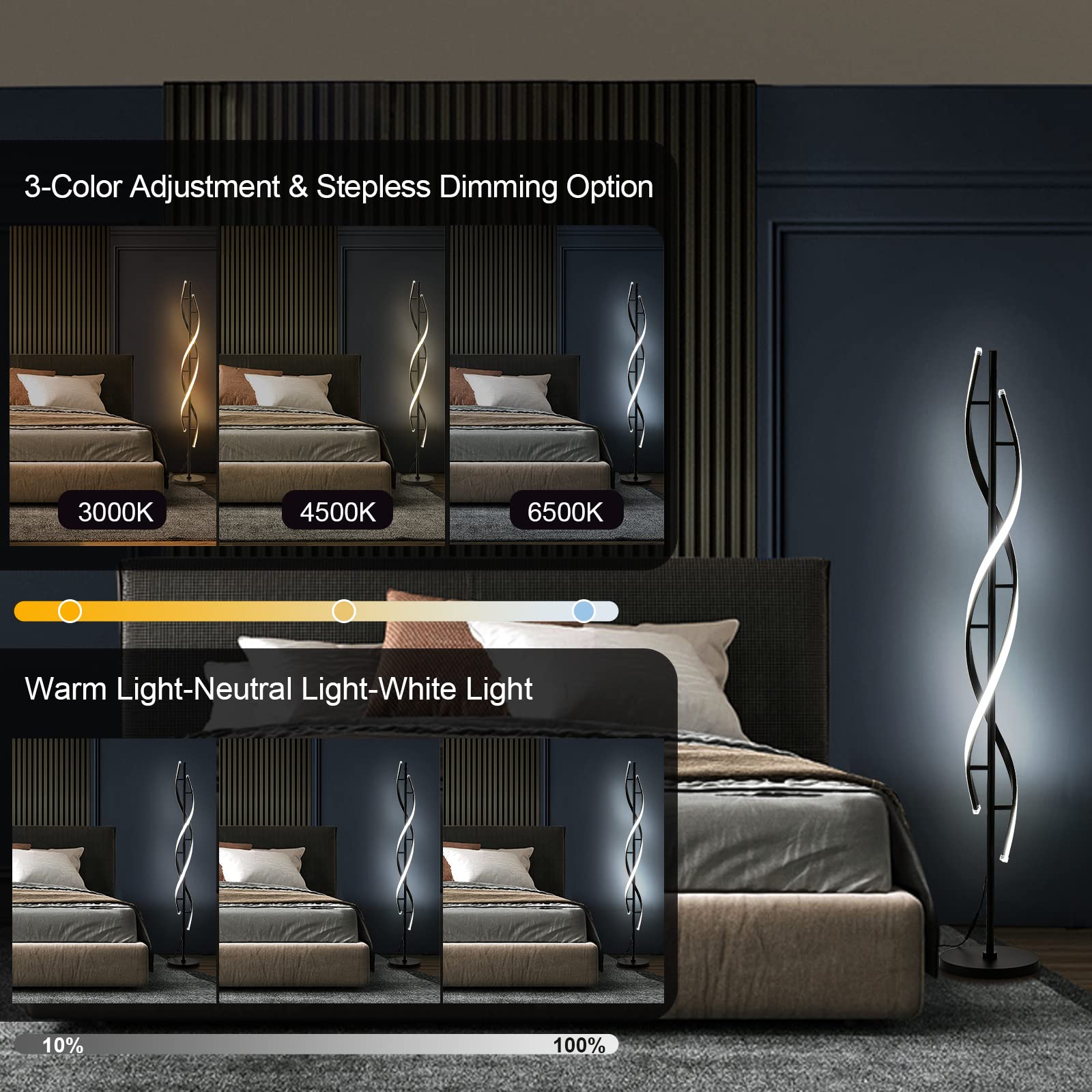 JTfany Modern Spiral LED Floor Lamp - 60" Dimmable Black Standing Lamp with Remote Control, 3 Color Temperatures for Bedroom & Living Room