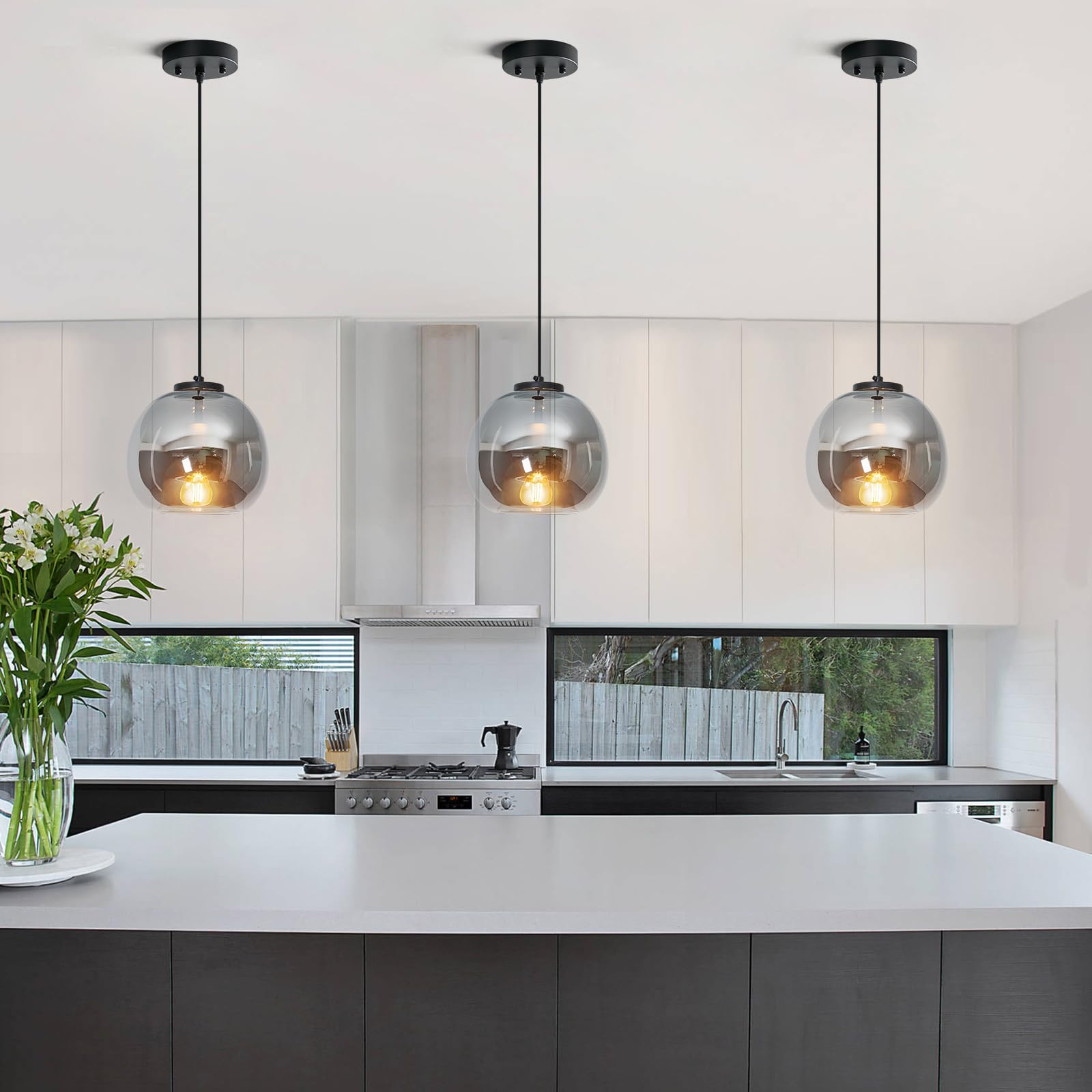 LBSQJ Glass Pendant Lights 2 Pack, 7.87" Smoke Gray Globe, Modern Black Hanging Fixture for Kitchen Island, Bedroom, Dining Room