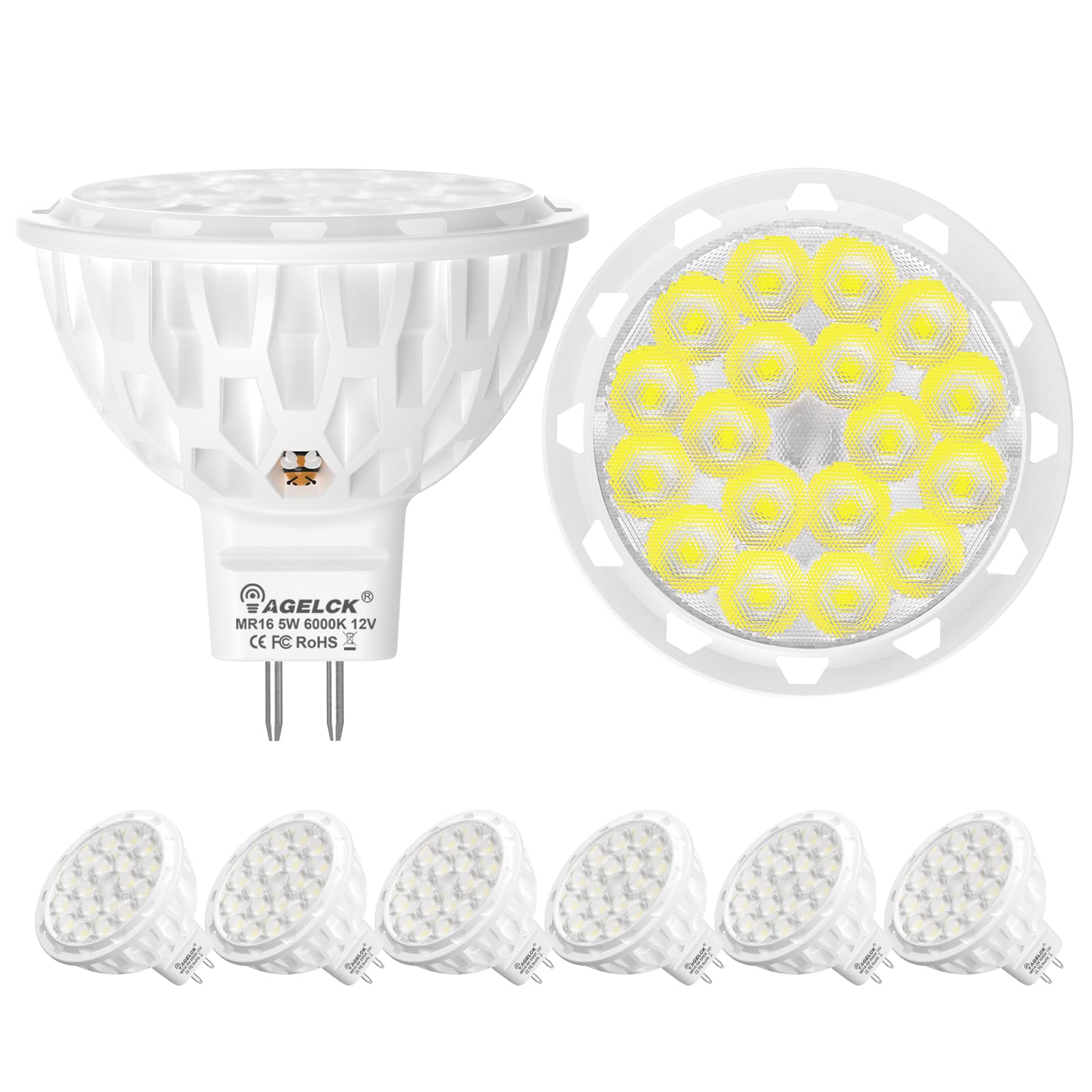 AGELCK MR16 LED Bulbs  6000K Gu5.3 Light Bulbs  12V 5W (50W Halogen Equivalent)  Daylight White LED Spotlight Bulb  High CRI 85+  Non-Dimmable 36 Beam Angle for Landscape Lighting  Recessed  6 Pack