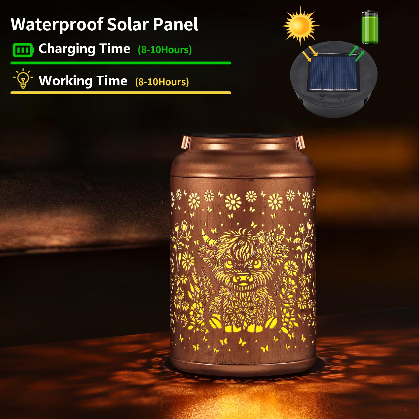 Solar Lanterns Outdoor Waterproof Garden Decor Birthday Gifts For Women Mom Grandma Hanging Solar Lights Metal Decoration Outside For Yard  Patio (Highland Cattle)