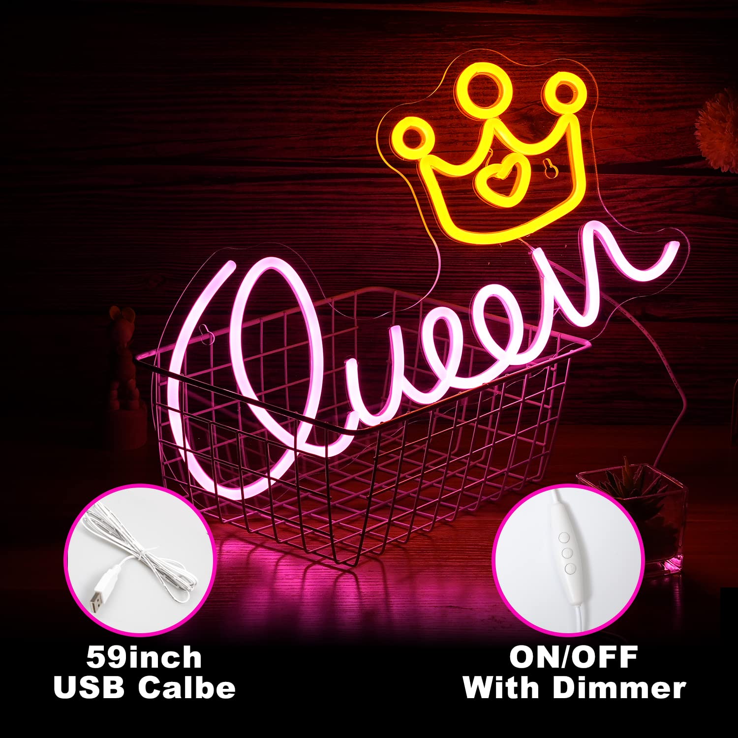 LISIGNVE Queen Neon Sign LED Light Dimmable USB Powered 16.5inx9.3in Pink Yellow Wall Decor for Kids Room Birthday Party