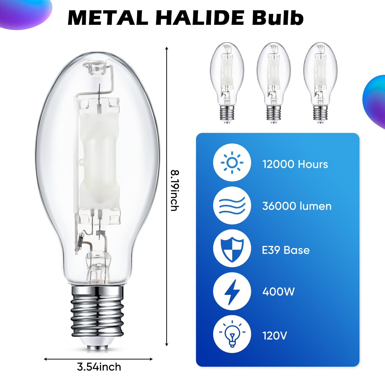 Rossesay 1 Pack Mh400/U/Mog 400W M59 Metal Halide Lamp Metal Halide Bulbs Mogul Base High Intensity Discharge Lamps Energy Effic