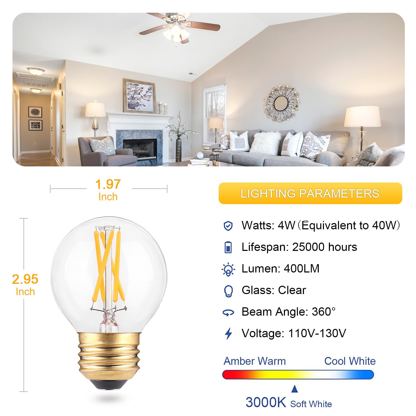 EQ Lighting A15 Dimmable LED Light Bulbs, 4W 3000K Soft White, E26 Base, 3-Pack, Glass, 400LM