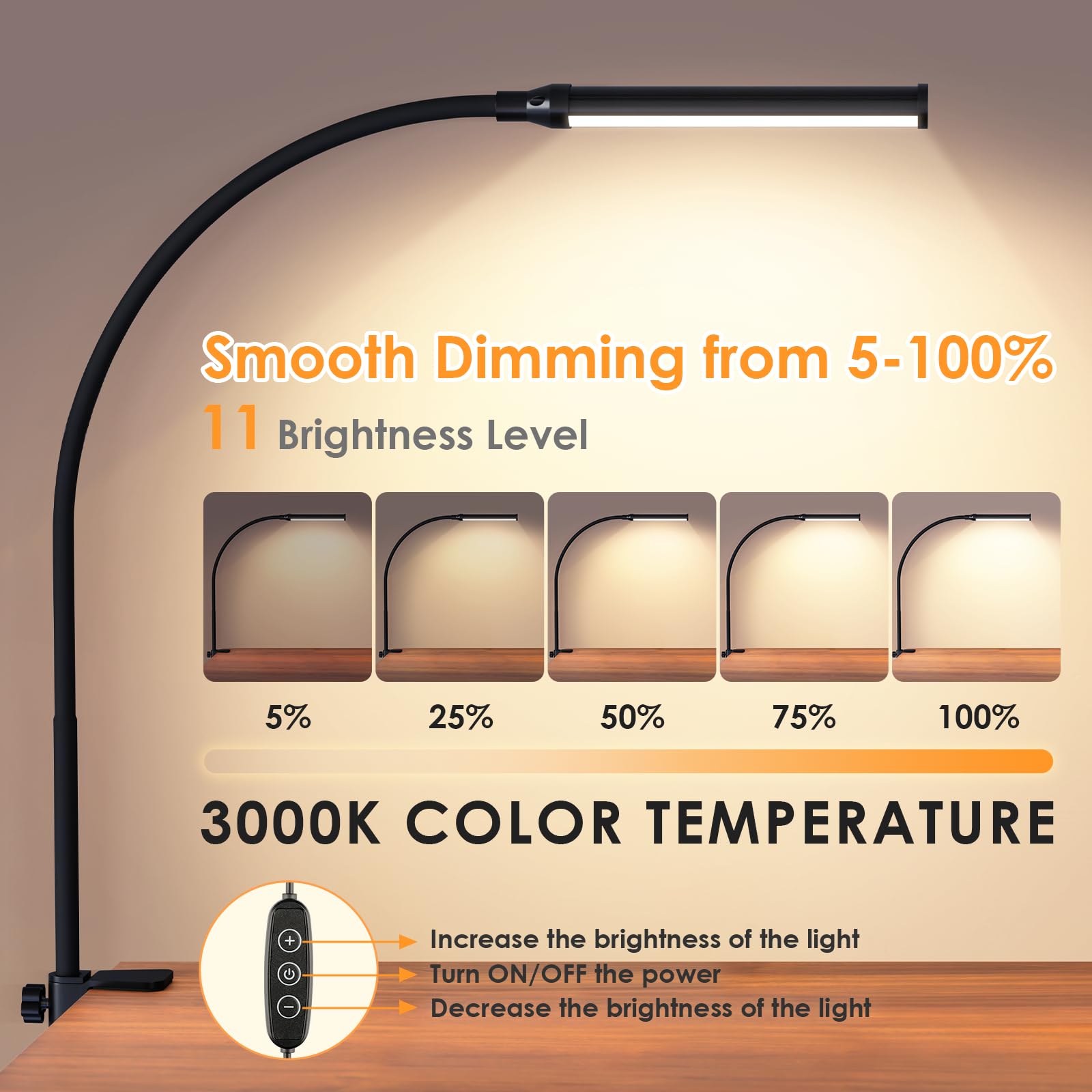 Shinetech Led Desk Lamp With Clamp, 3000K Warm White 11 Brightness Level Eye-Caring Clip Lights For Home Office, Flexible Goosen