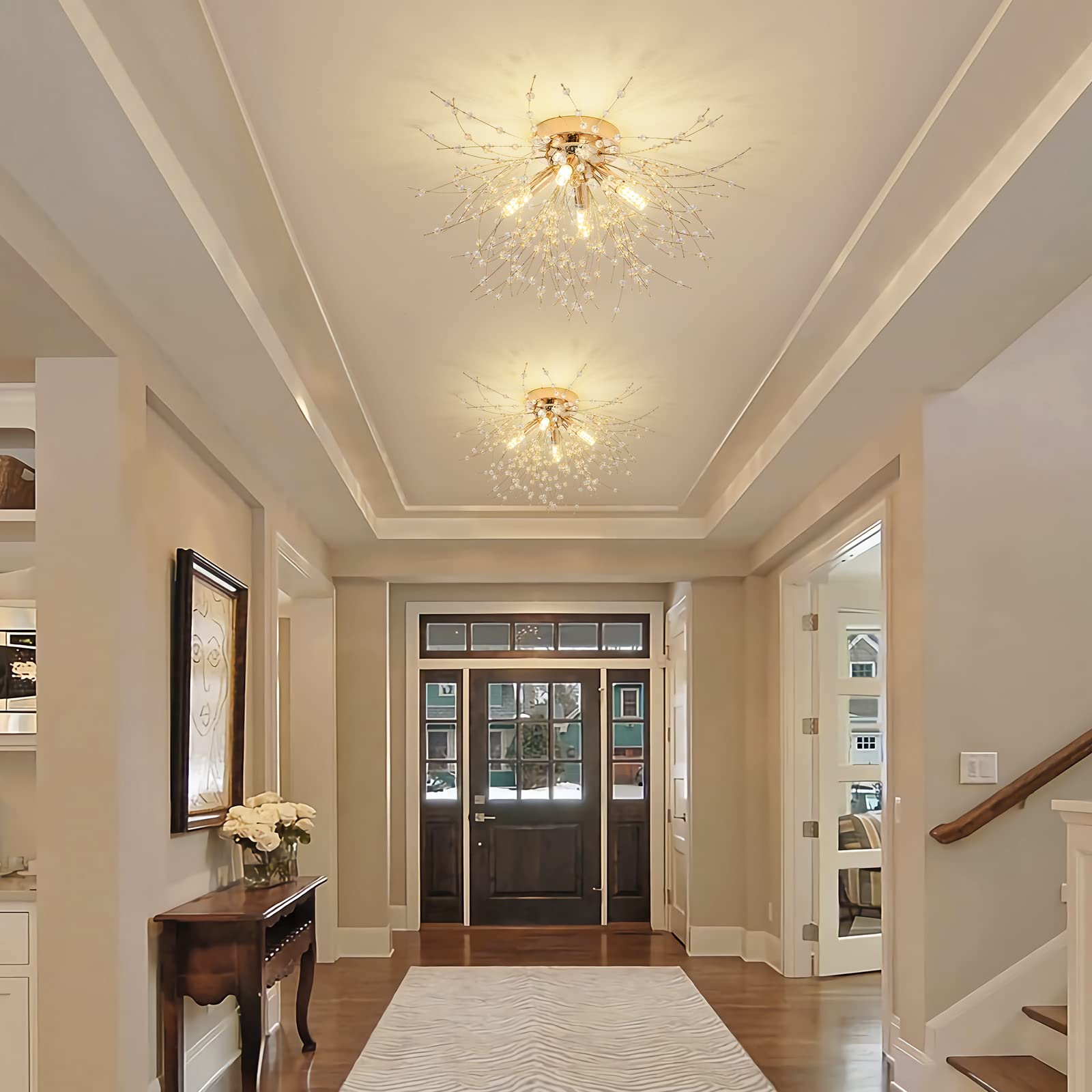 Modern Small Crystal Ceiling Light Fixture, 4-Light Gold Crystal Sputnik Firework Chandelier, Semi Flush Mount Ceiling Light Fix