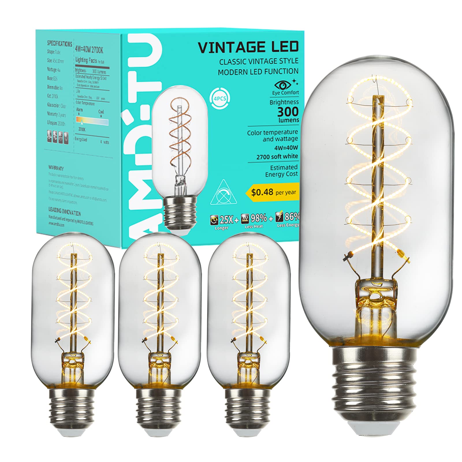 Amdtu Vintage Led Edison Bulb Super Thin Spiral Filament 2700K Soft White, Non-Dimmable T45 Incandescent Tubular Light Bulb 40 W