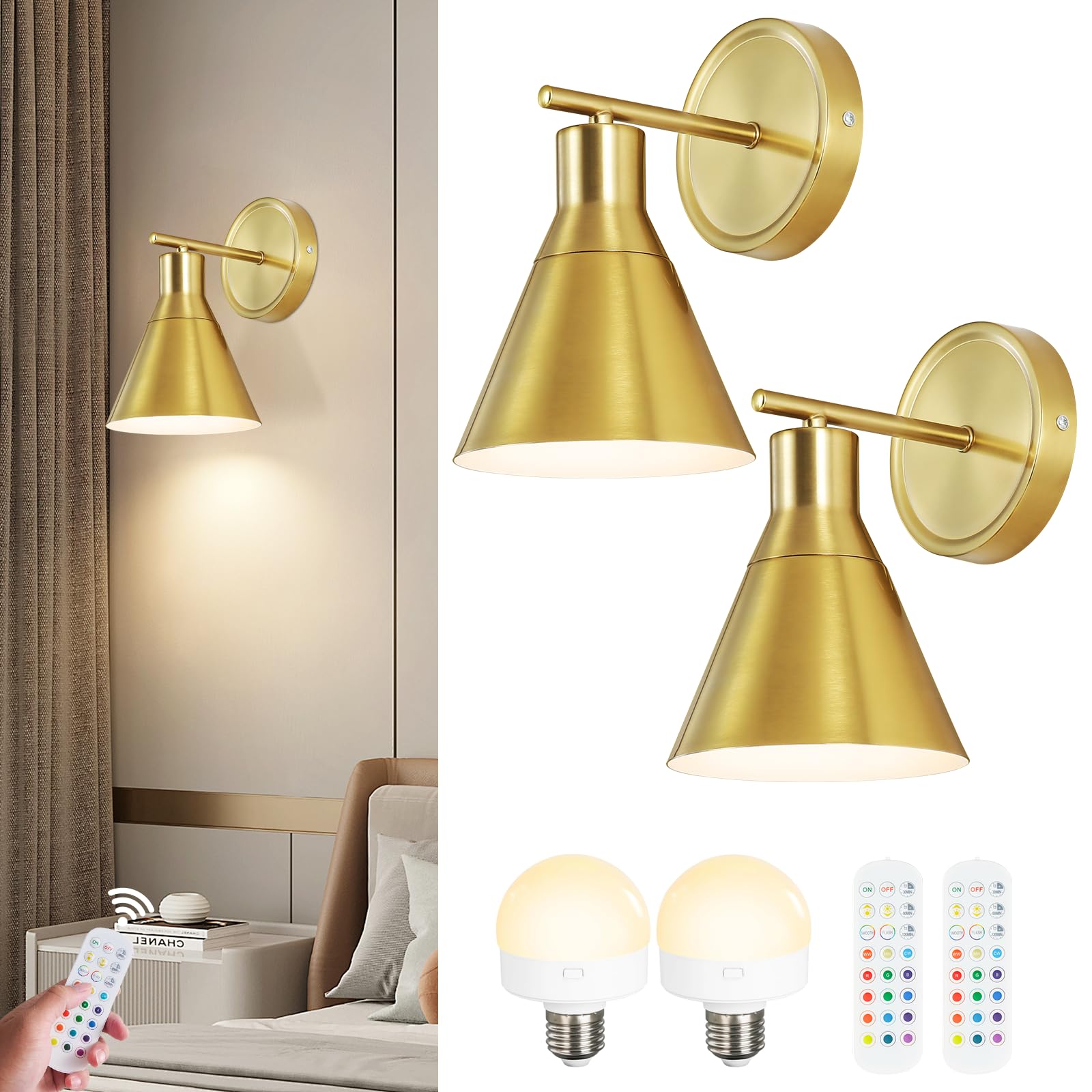 Bailoch Rechargeable Wall Sconce Set of 2, Wireless Dimmable, Gold, Model BLWS004B2, Battery Operated, LED Bulb Included