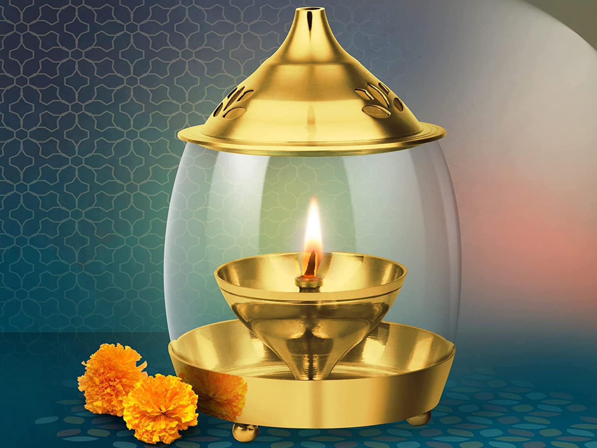 Ein Sof Decorative Brass Diya for Puja with Curved Glass Cover - 6.5 inch Home Decoration Oil Pooja Akhand Diyas , Big Size Room
