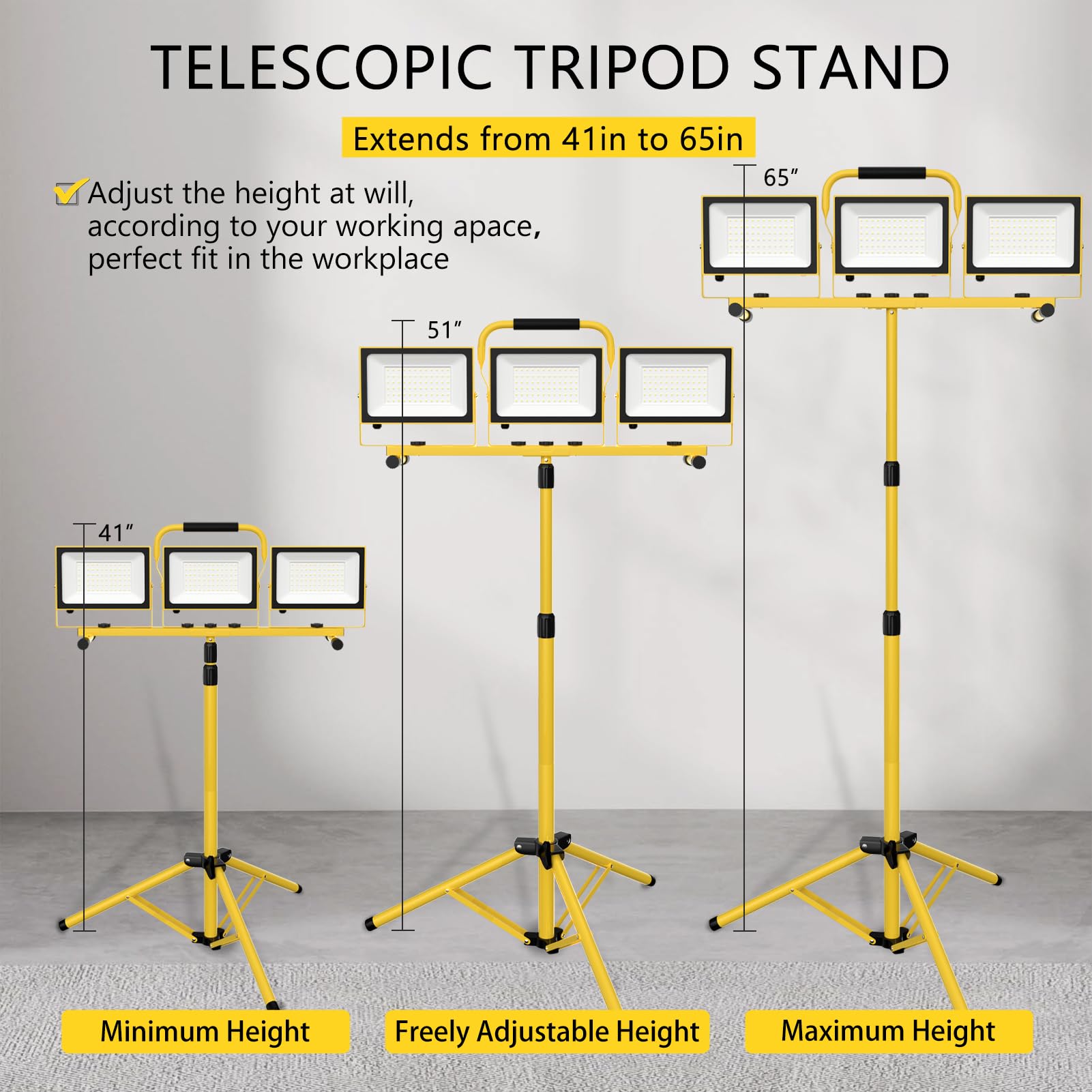21000 Lumens Work Lights With Stand, 3 Adjustable Head Led Work Light, Waterproof Portable Lights With Individual Switch, Led Flood Light With 72 Inch Adjustable Metal Telescoping Tripod