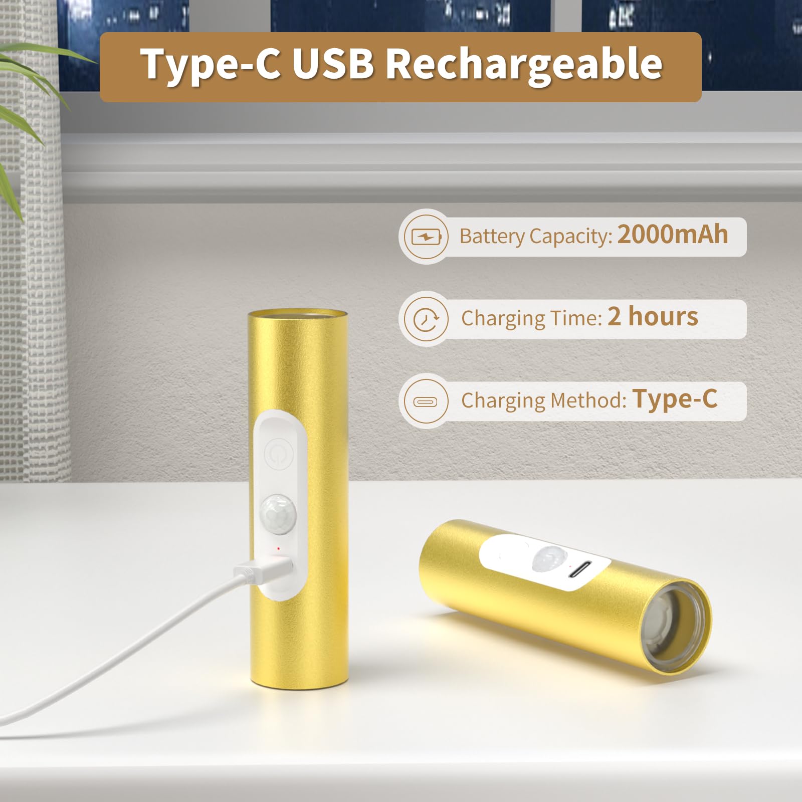 WOBSION Motion Sensor Wall Light, Rechargeable, 3 Color Modes, Aluminum, Gold, 2 Pack, f1.18*4.37in, Model CL-K67-B