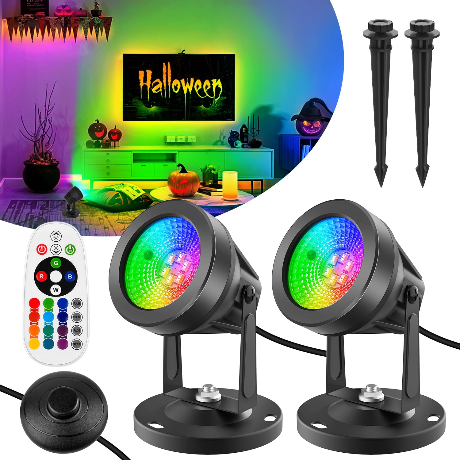 T-SUN Indoor RGBW Spotlight, LED Floor Lights with Remote Control, Indoor Uplights 16 Colors & Warm White | Foot Switch, Hallowe