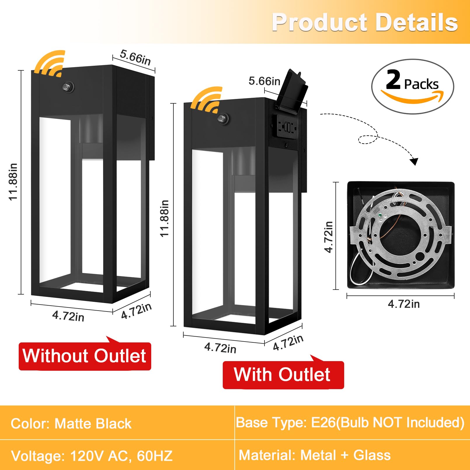 OYKYOHEI Outdoor Porch Lights with Outlet, Dusk to Dawn Wall Mount, Black