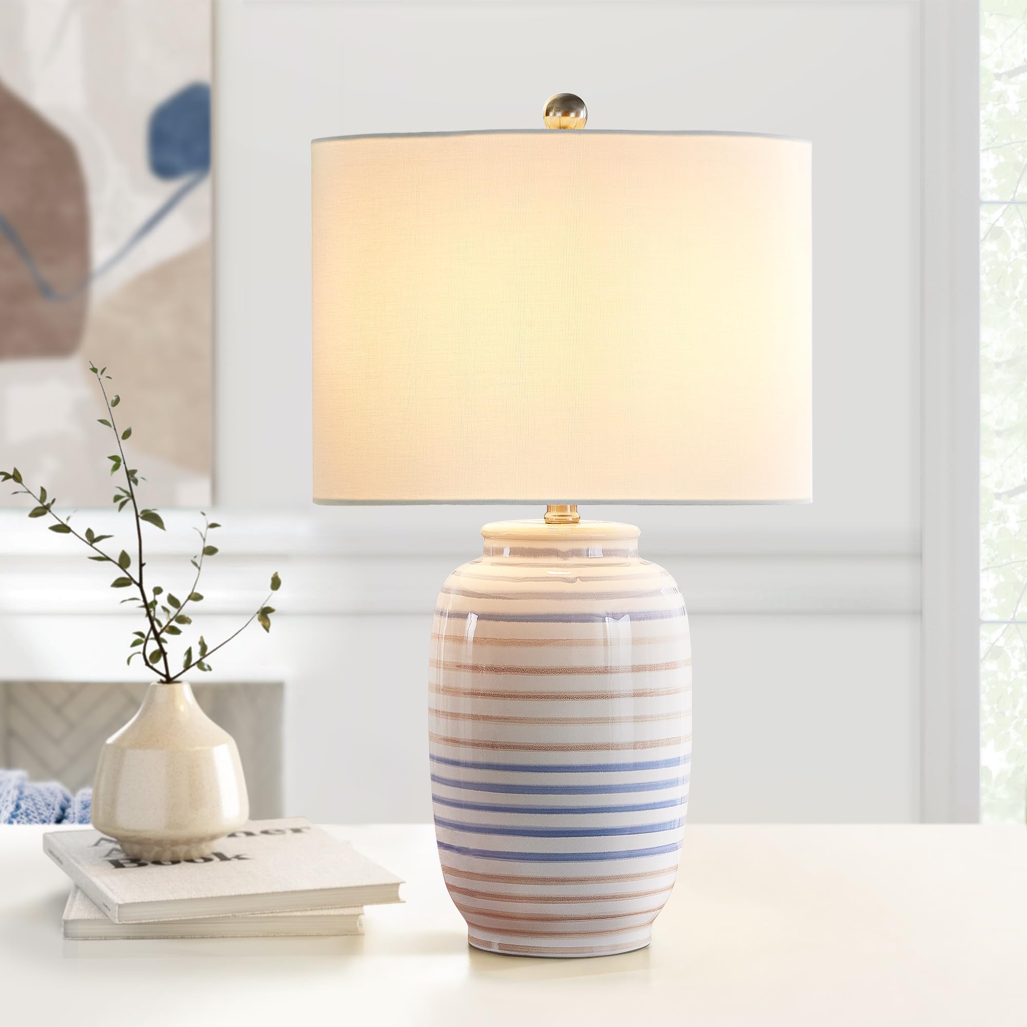 Maxax Modern Ceramic Table Lamp for Bedroom  25 White Bedside Lamp for Living Room  Farmhouse End Table Lamp with White Farice for Office Entryway