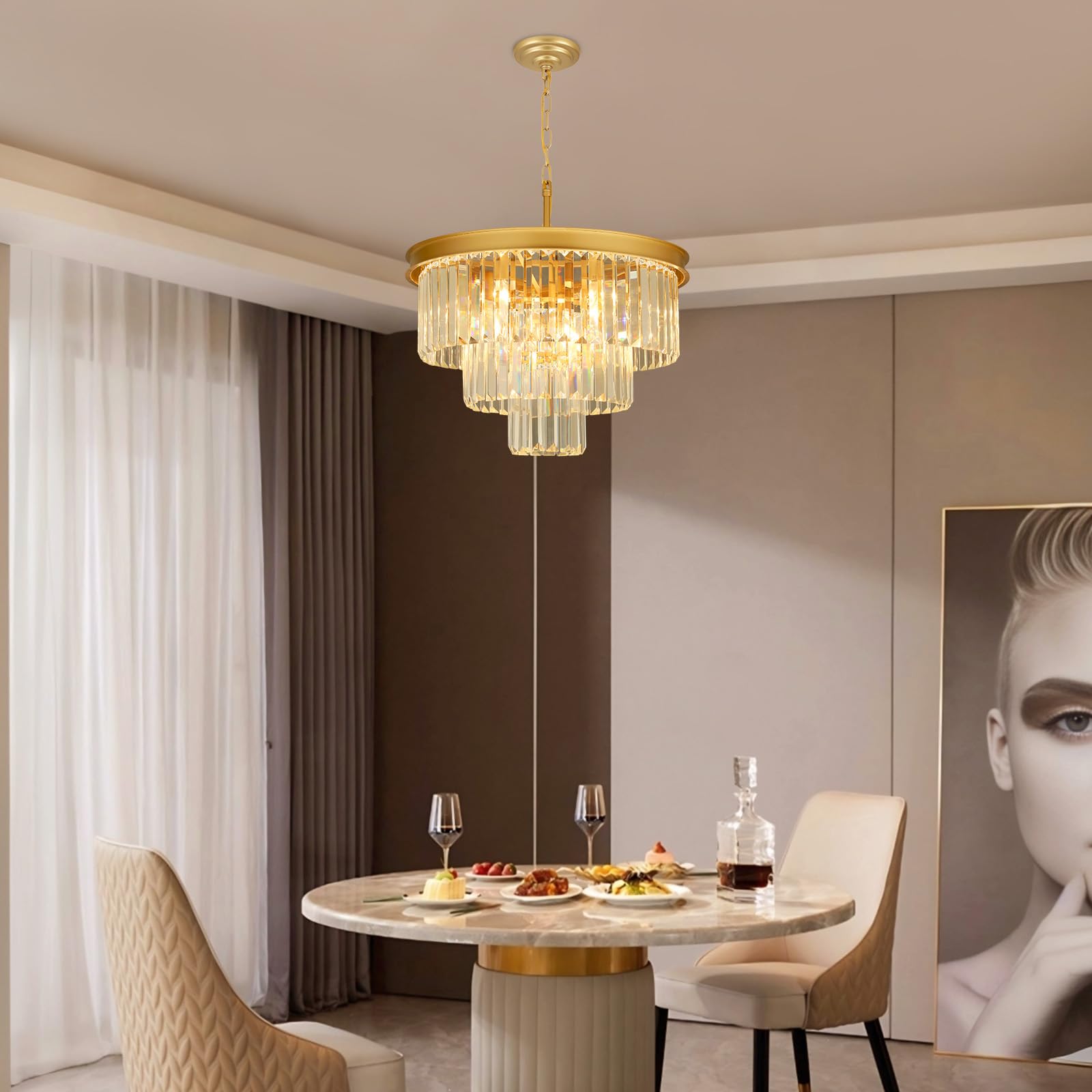 Weesalife Crystal Chandeliers For Dining Room Lights Fixtures  9 Lights Gold Modern Chandeliers For Bedroom  3-Tier Round Crystal Lighting Fixtures For Living Room Entryway Kitchen Island D20 Inch