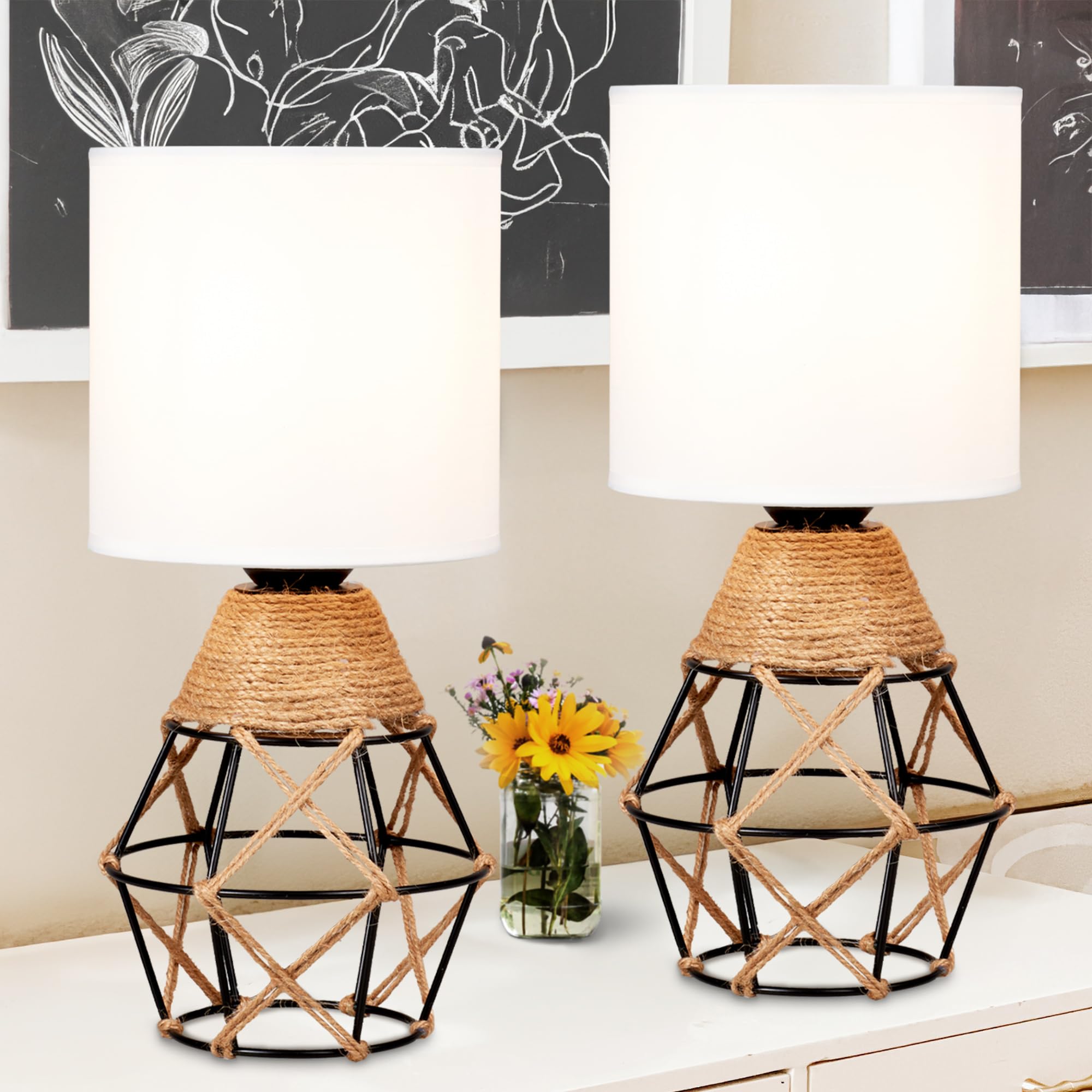 Hamilyeah Table Lamps Set of 2, Woven Lamps for Nightstand with On/Off Switch, Farmhouse Bedside Lamps with White Fabric Shade, 
