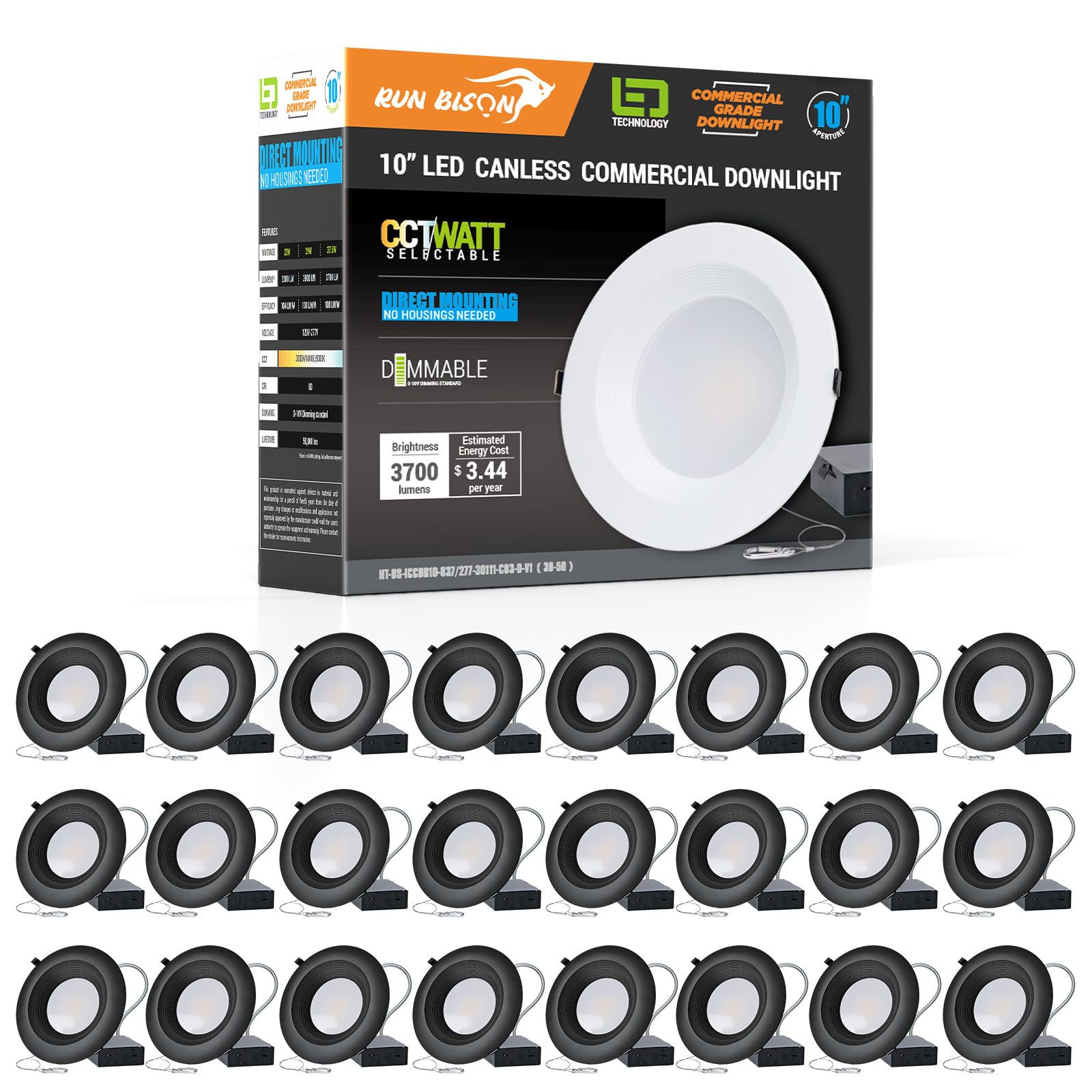 Run Bison 10 Inch Commercial Recessed Light with J-Box,120-277V,22/29/37.5W Adjustable,3CCT Selectable 3000K-5000K,0-10V Dimmabl