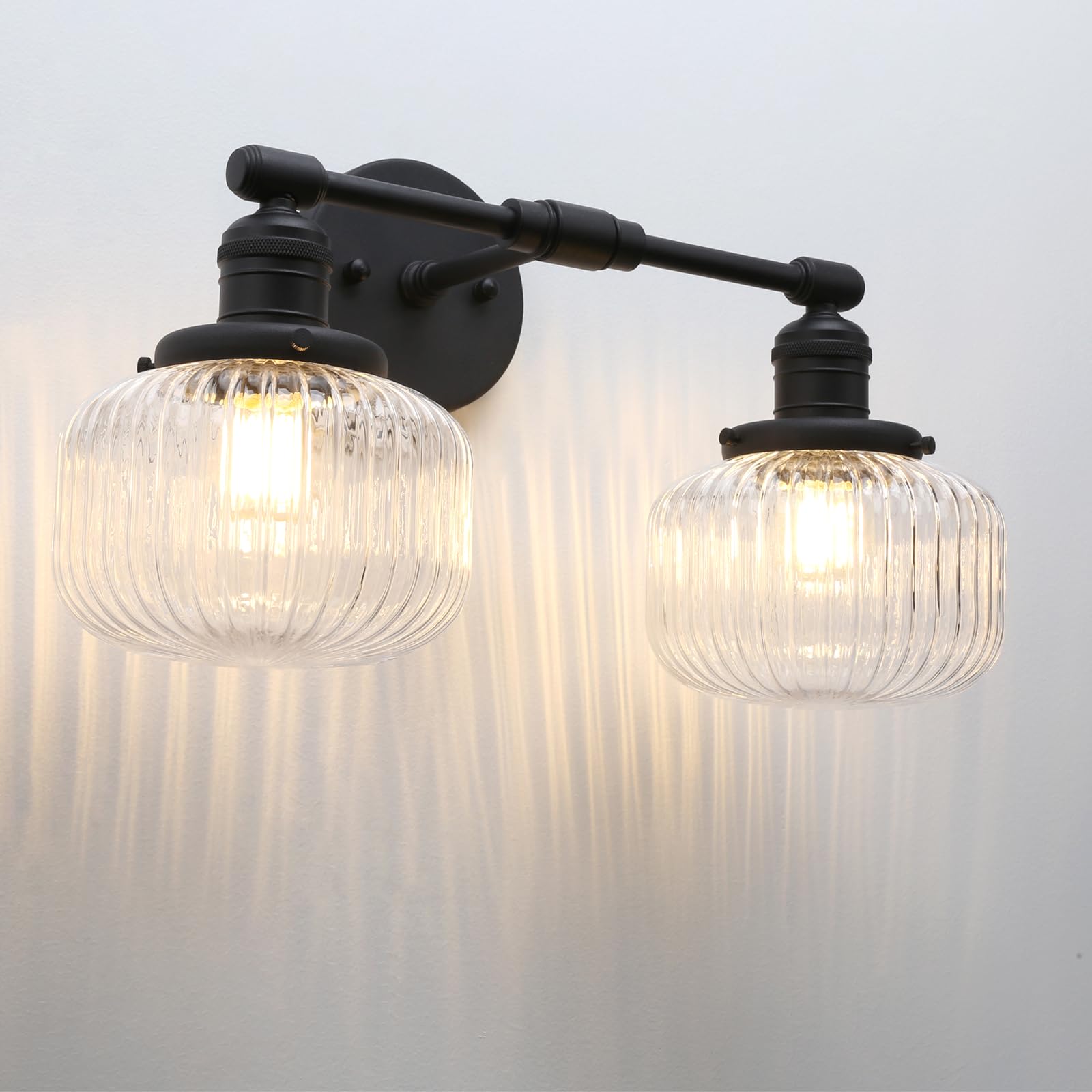JIMUBEAM Industrial Glass Wall Sconces, Antique Brass, 2-Light Fixture for Bathroom, Bedroom, Dining Room, Model JMUS1163H