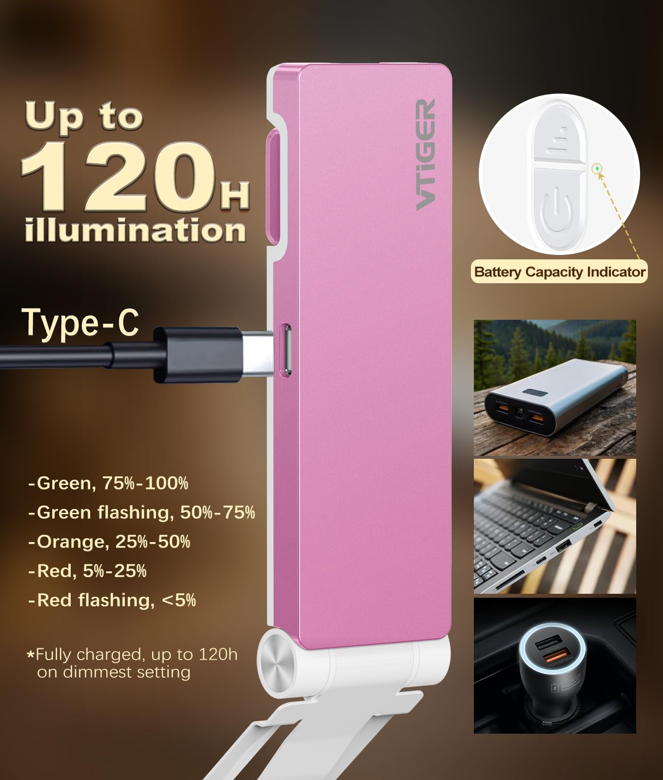 VTIGER USB Rechargeable Book Light, Foldable Clip-on, 3 Amber Colors, 4 Brightness Levels, Pink, Model B1