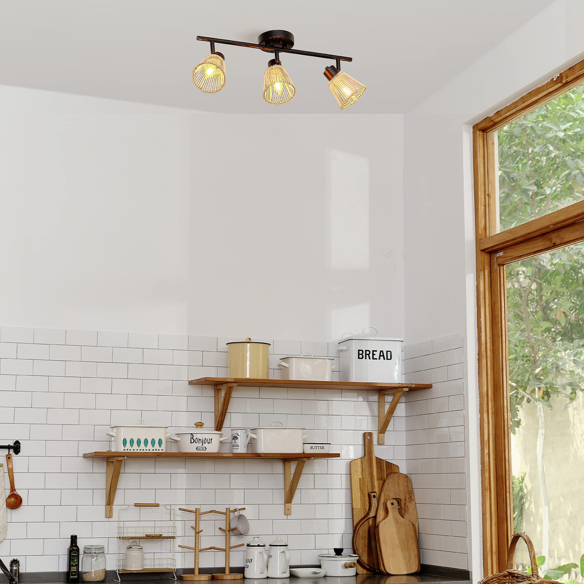 Globe Electric 64000042 3-Light Track Lighting, Matte Black, Bamboo Shades, Ceiling Light, Track Light Heads, Pivot Shades, Trac