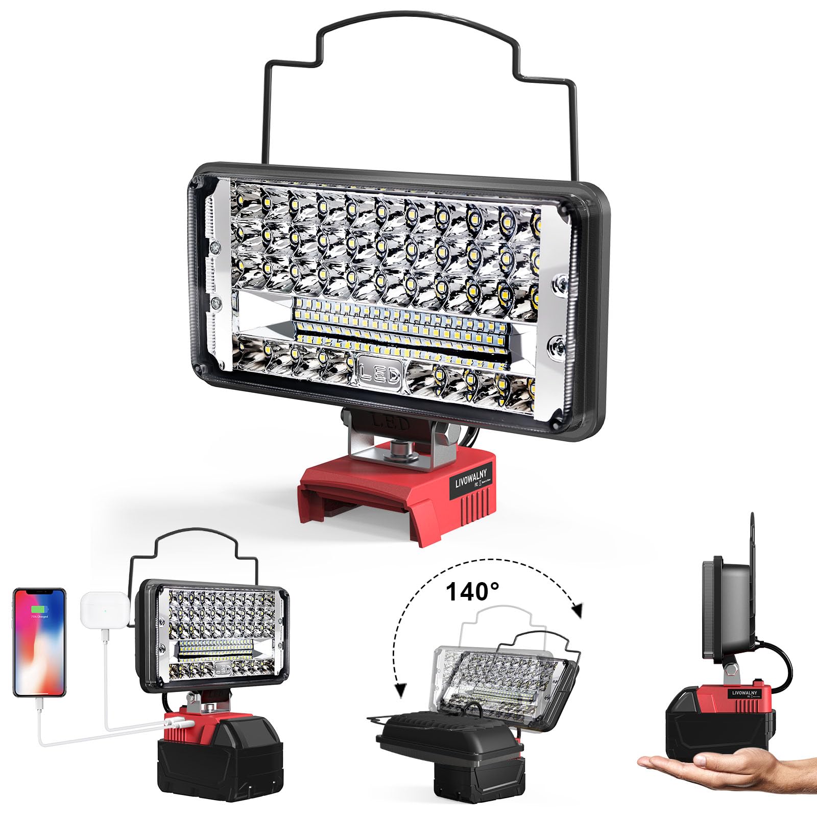 LIVOWALNY Cordless Flood Light for Milwaukee 18v Battery, 90W 9000LM 7'' 18V Light Portable LED Work Light with USB & Type-C Cha