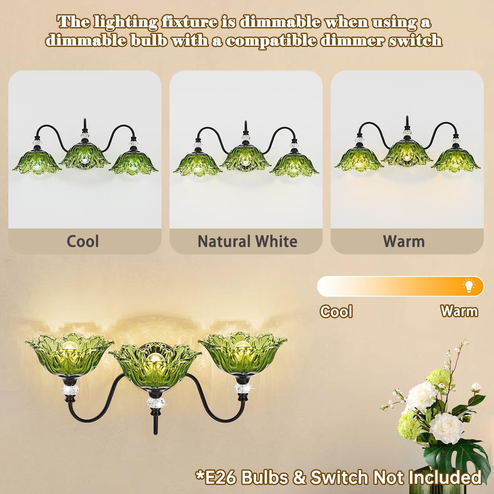 Sunkryster Black Bathroom Vanity Light 3-Light Vanity Light With Floral Green Glass Shades Vintage Farmhouse Wall Mount Lighting For Bathroom  Dressing Table