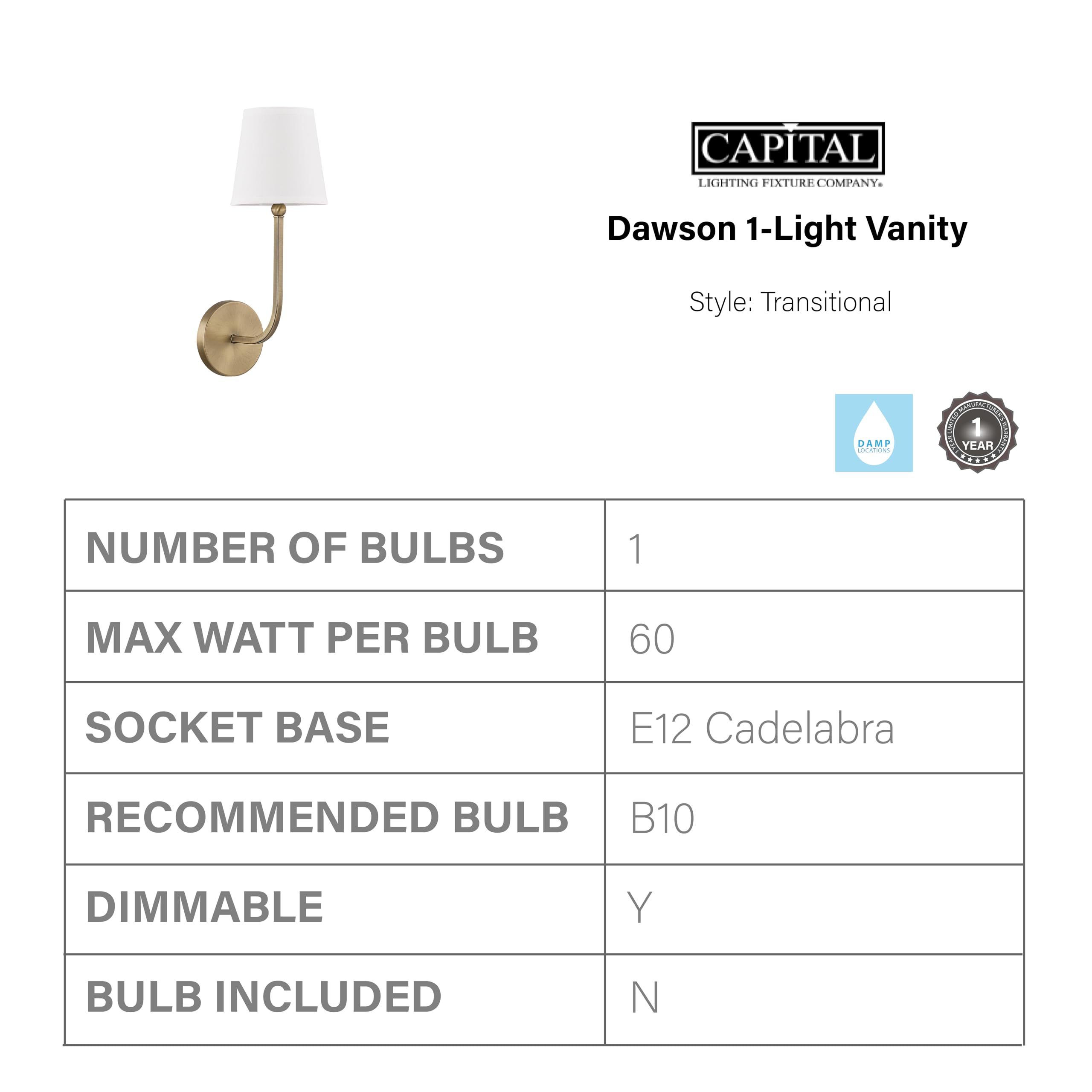 Capital Lighting Dawson Wall Sconce, 1-Light, Aged Brass, 17in H x 6in W, Metal & Cloth, Model 619311AD-674