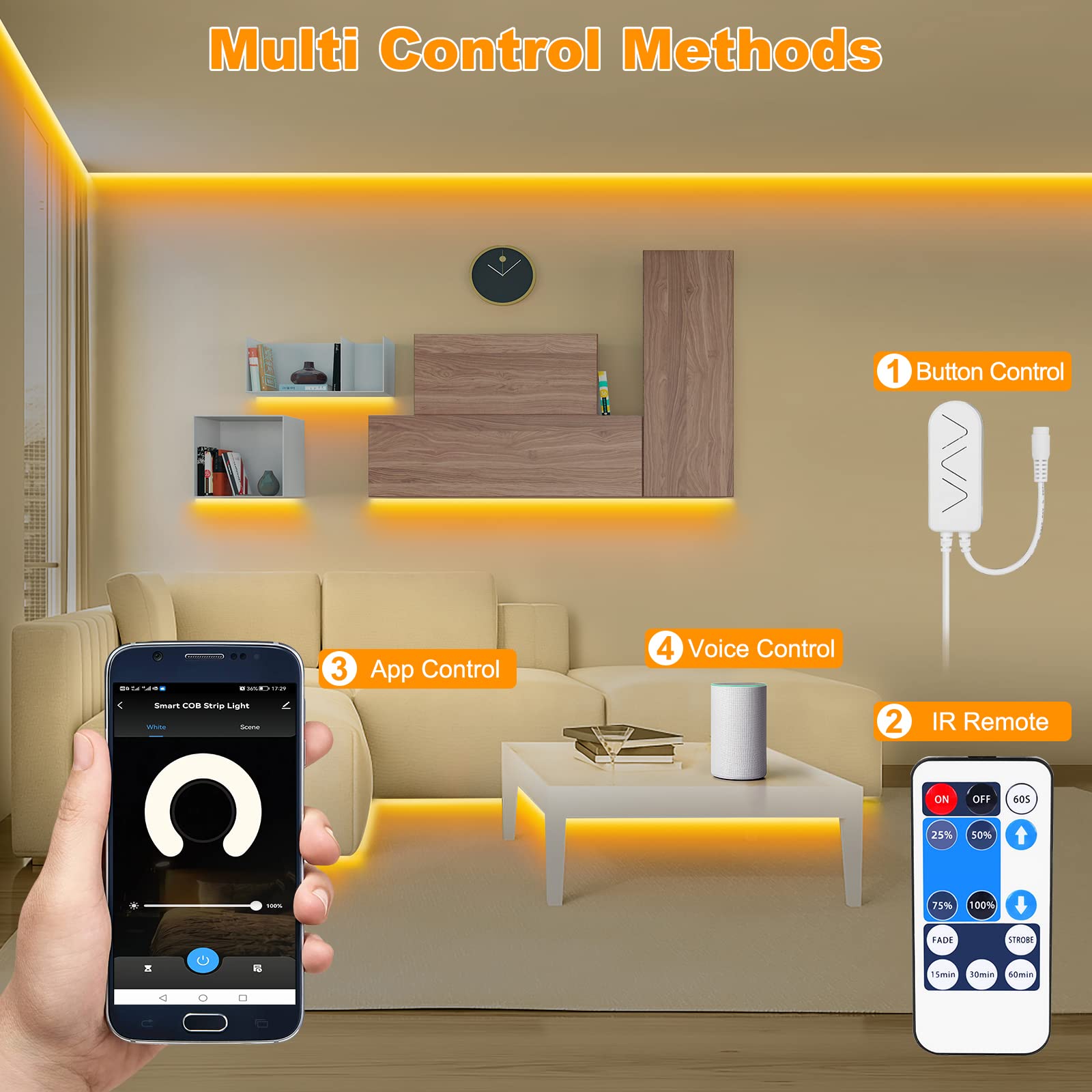 Tatazone Smart COB LED Strip Light, 2000K-Golden Yellow, 16.4ft, WiFi, App & Remote Control, Dimmable, Model LSSCOBM384
