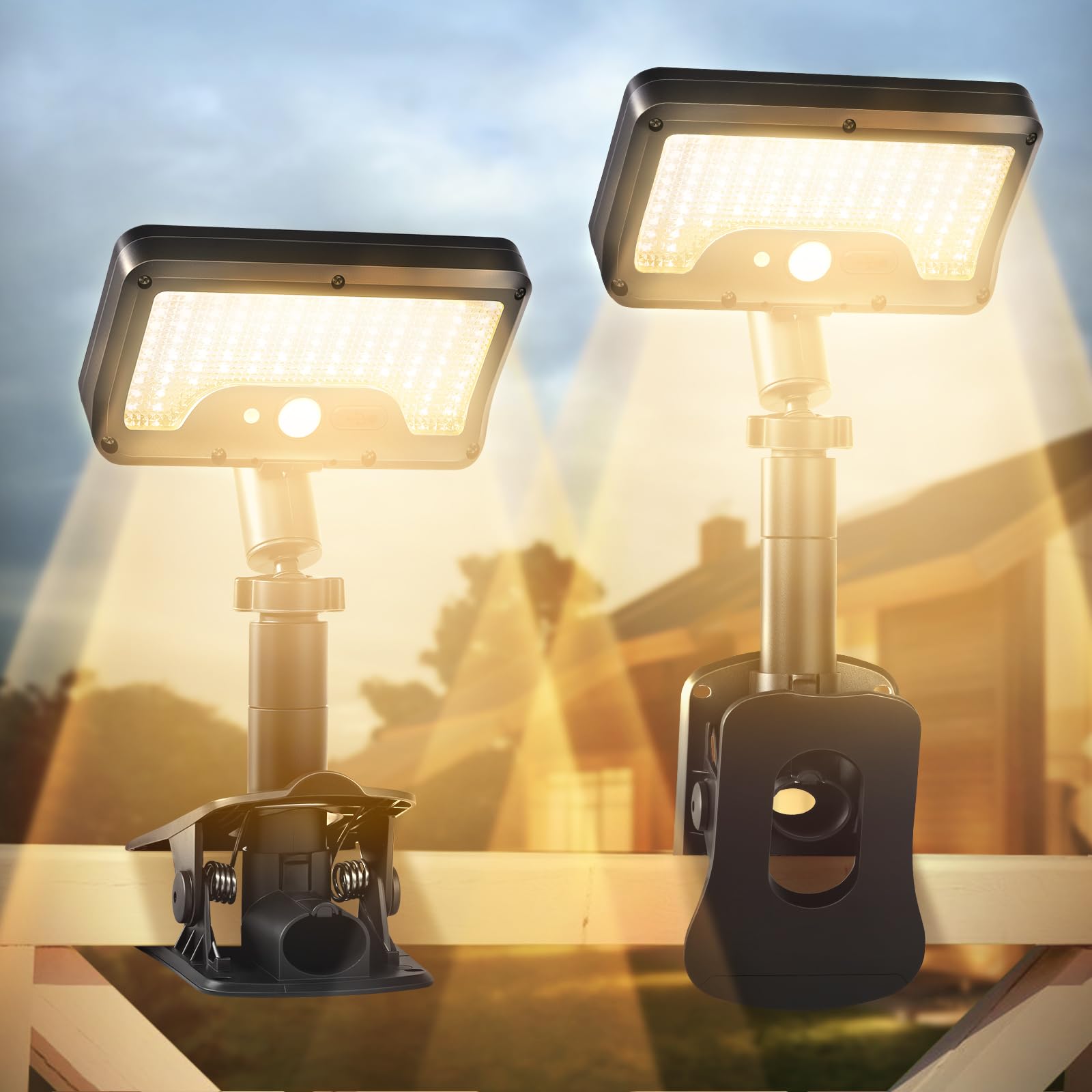 Clip On Solar Lights Outdoor with Motion Sensor  360Rotatable & Vertically Adjustable Solar Fence Lights with 92 LEDs (600 LM  3000 K) IP65 waterproof Security light for deck  Gutter  Camping(2 Pack)