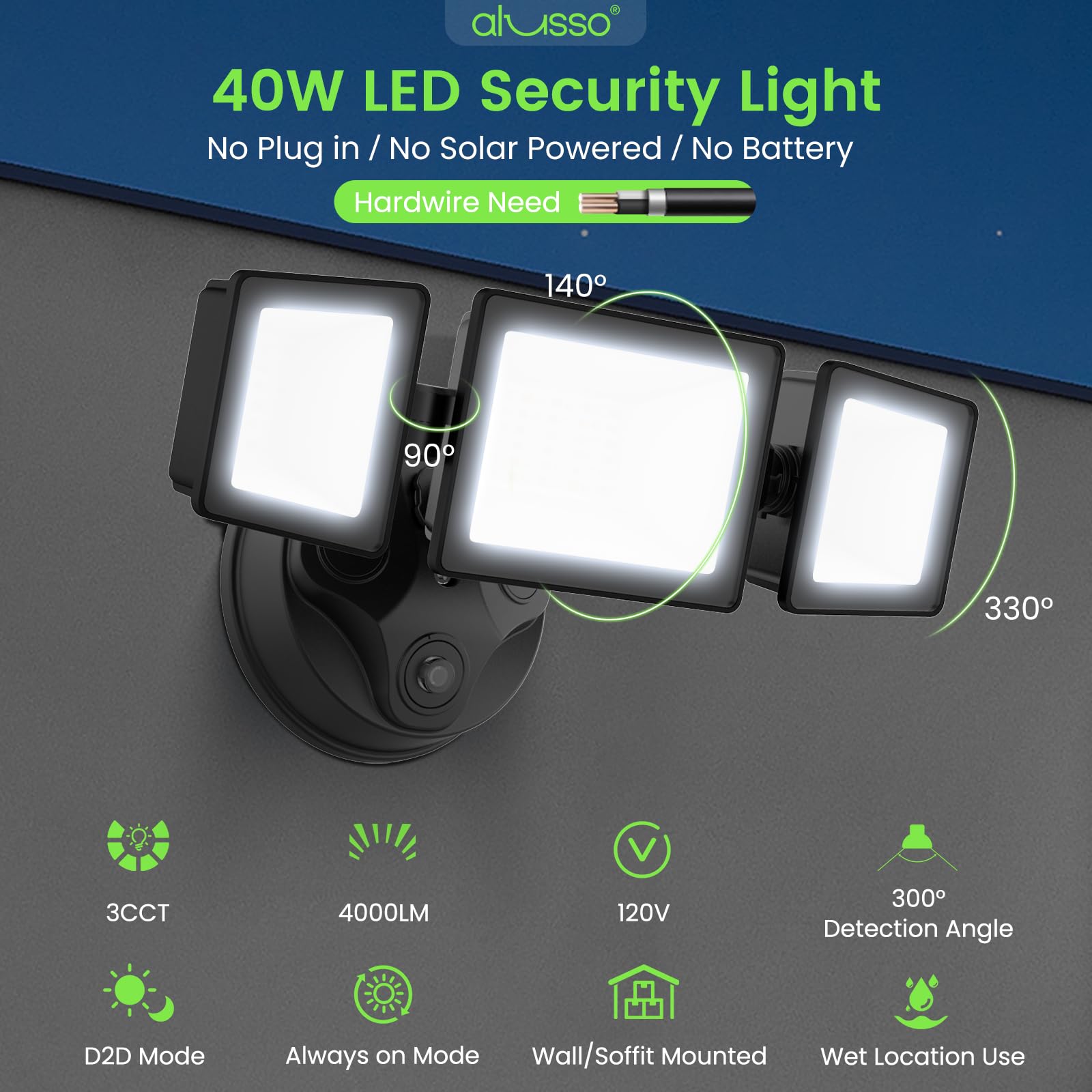 ALUSSO Dusk to Dawn Outdoor Lighting, 40W 4000LM, 3CCT, IP65, 2 Pack, Black, Model ALUSSO-D2D-2