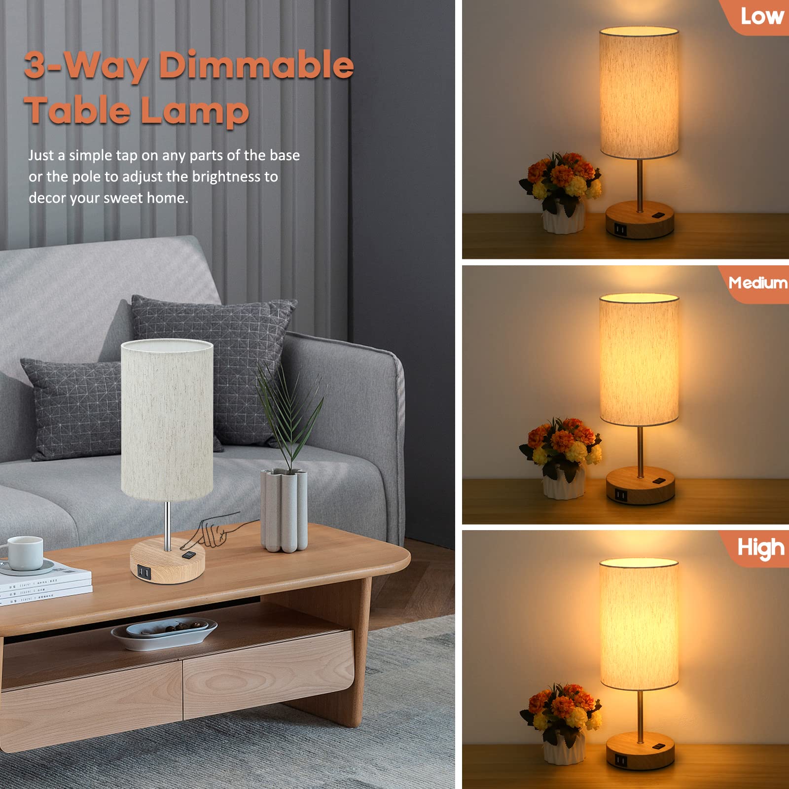 Table Lamps Set Of 2 Touch Control, 2 Usb Charging Ports&Ac Outlet, 3-Way Dimmable Bedside Nightstand Lamp With Flaxen Fabric Sh