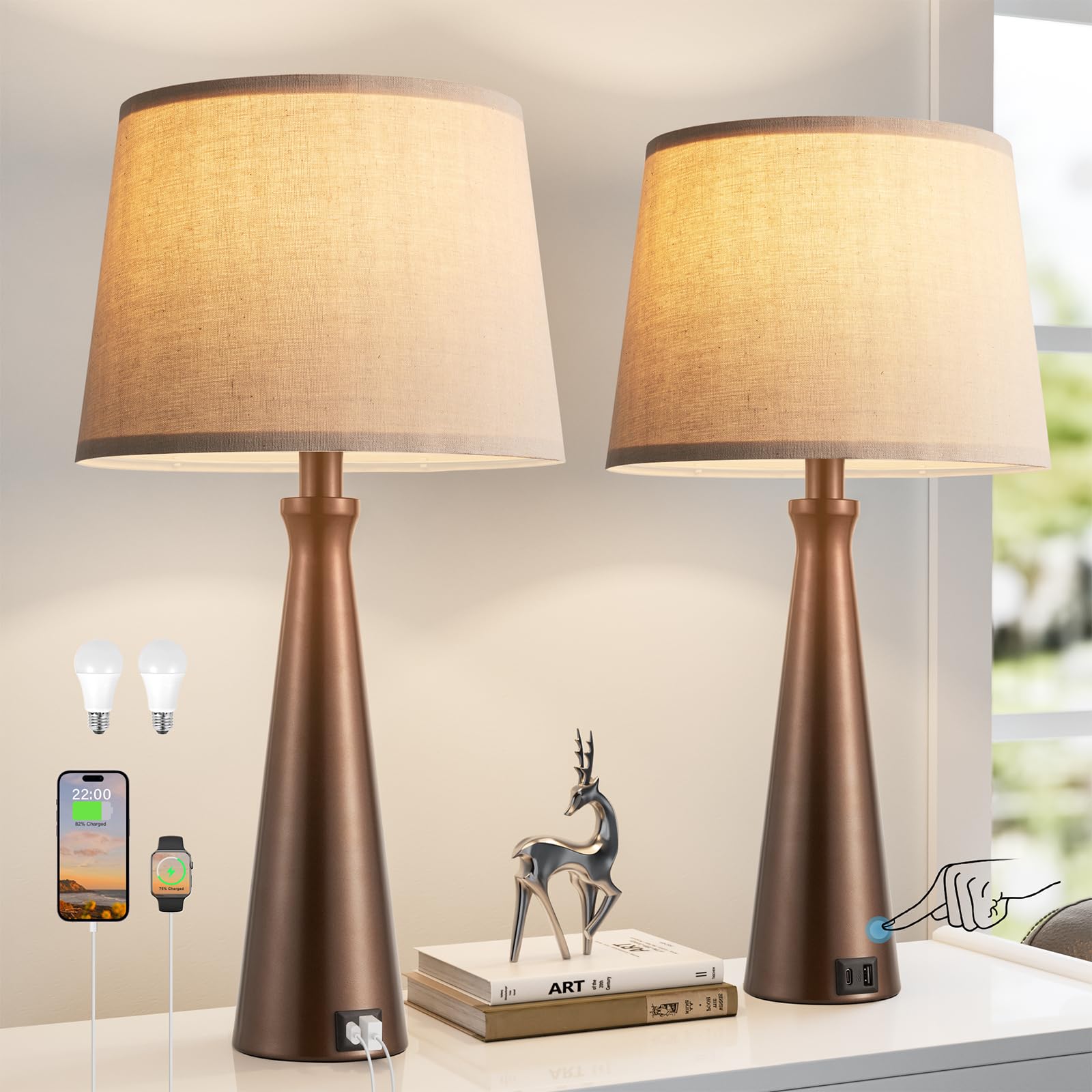 Seealle Modern Table Lamps Set of 2 - Touch Bedside Lamp for Nightstand with Dual USB C+A 3-Way Dimmable Brown Nightstand Lamps for Living Room Bedroom End Table with Oat Shade(Bulb Included)