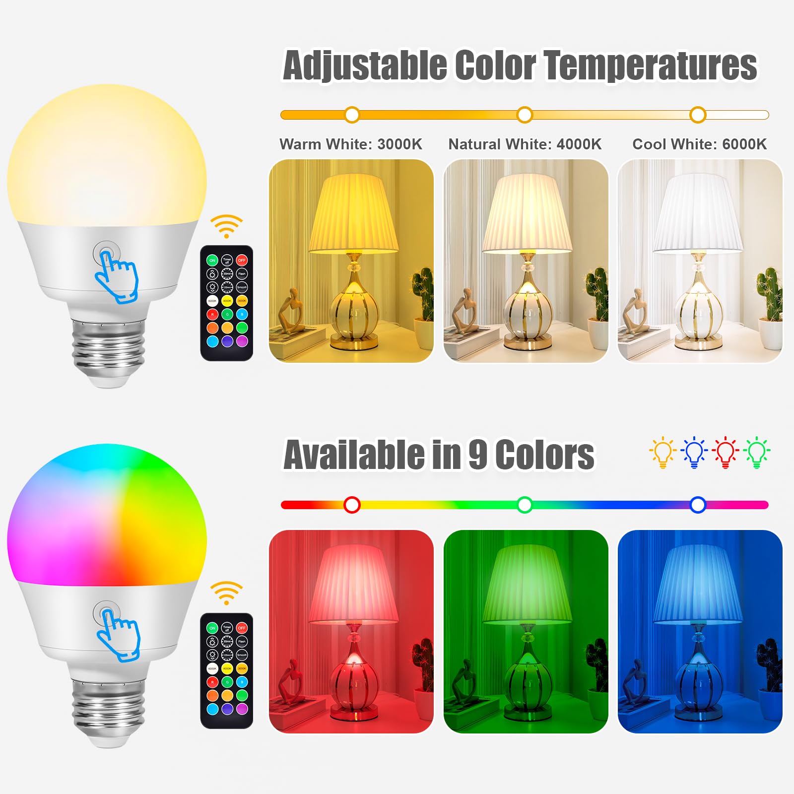 E26 Battery-Operated Rechargeable Light Bulbs With Remote And Timer For Lamps, Sconces, And Non-Hardwired Fixture, 3 Color Tempe